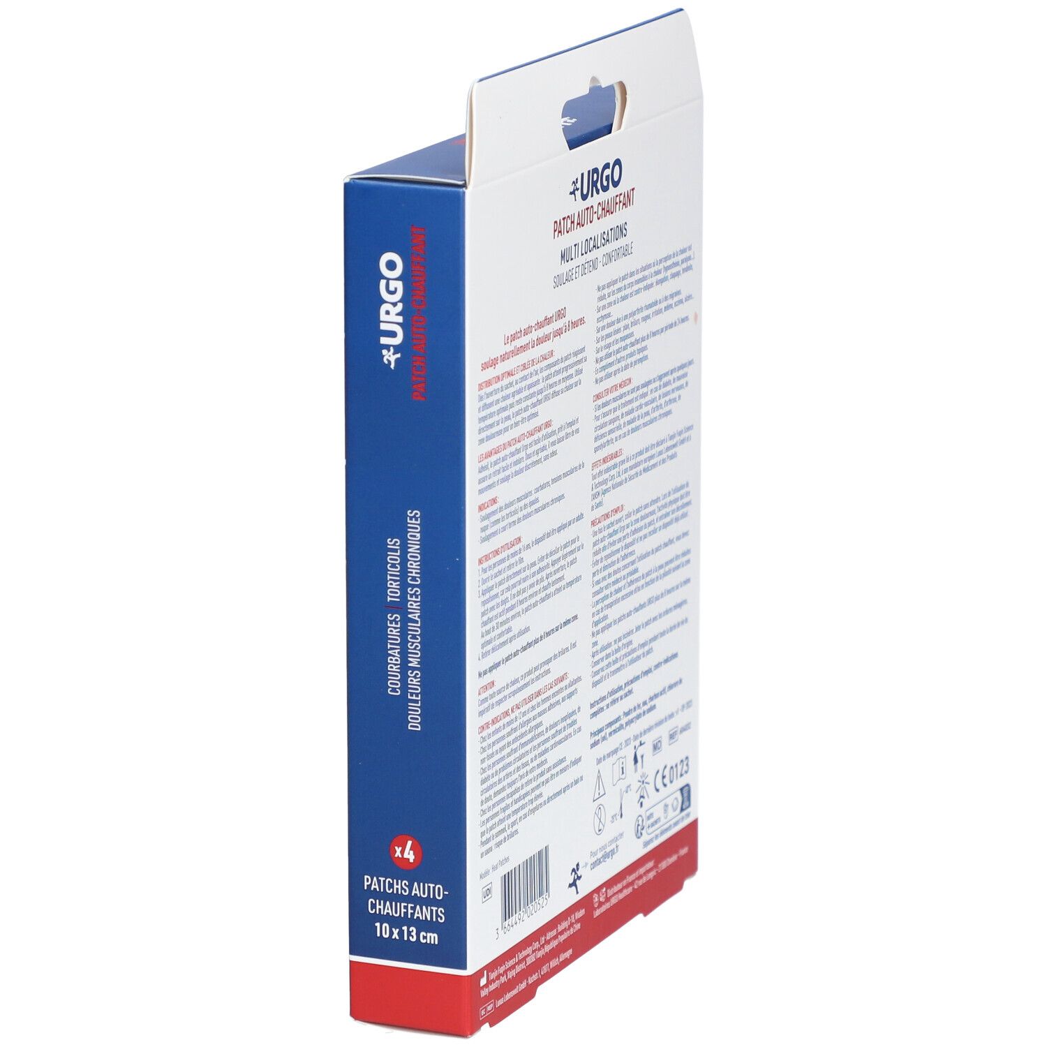 Boîte bleue URGO Patch auto-chauffant, vue latérale. Contient 4 patchs, dimensions 10x13 cm. Pour douleurs musculaires et chroniques.