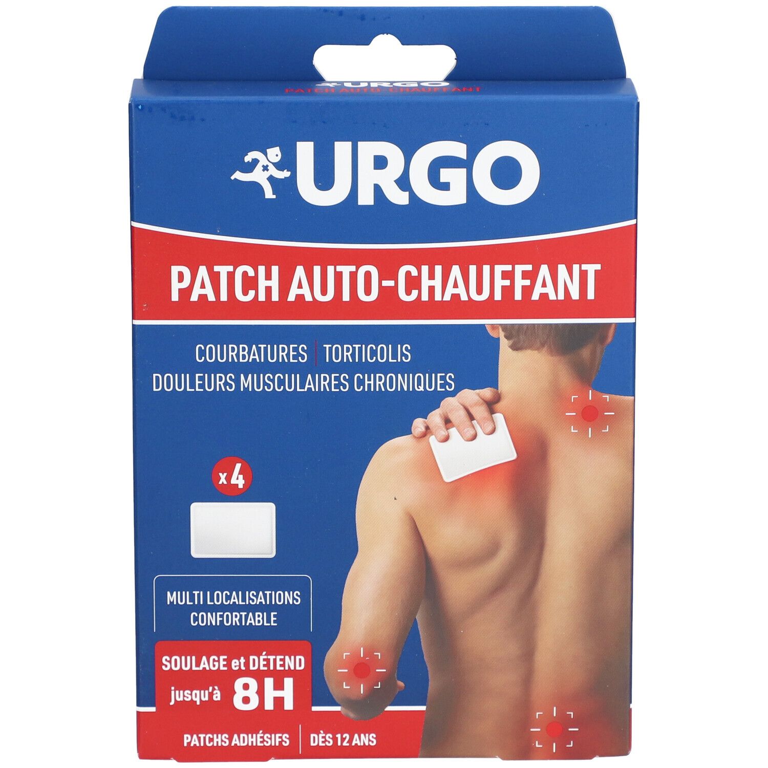 Boîte bleue URGO Patch auto-chauffant. Illustration d'une personne avec un patch. Contient 4 patchs. Soulage et détend jusqu'à 8H.