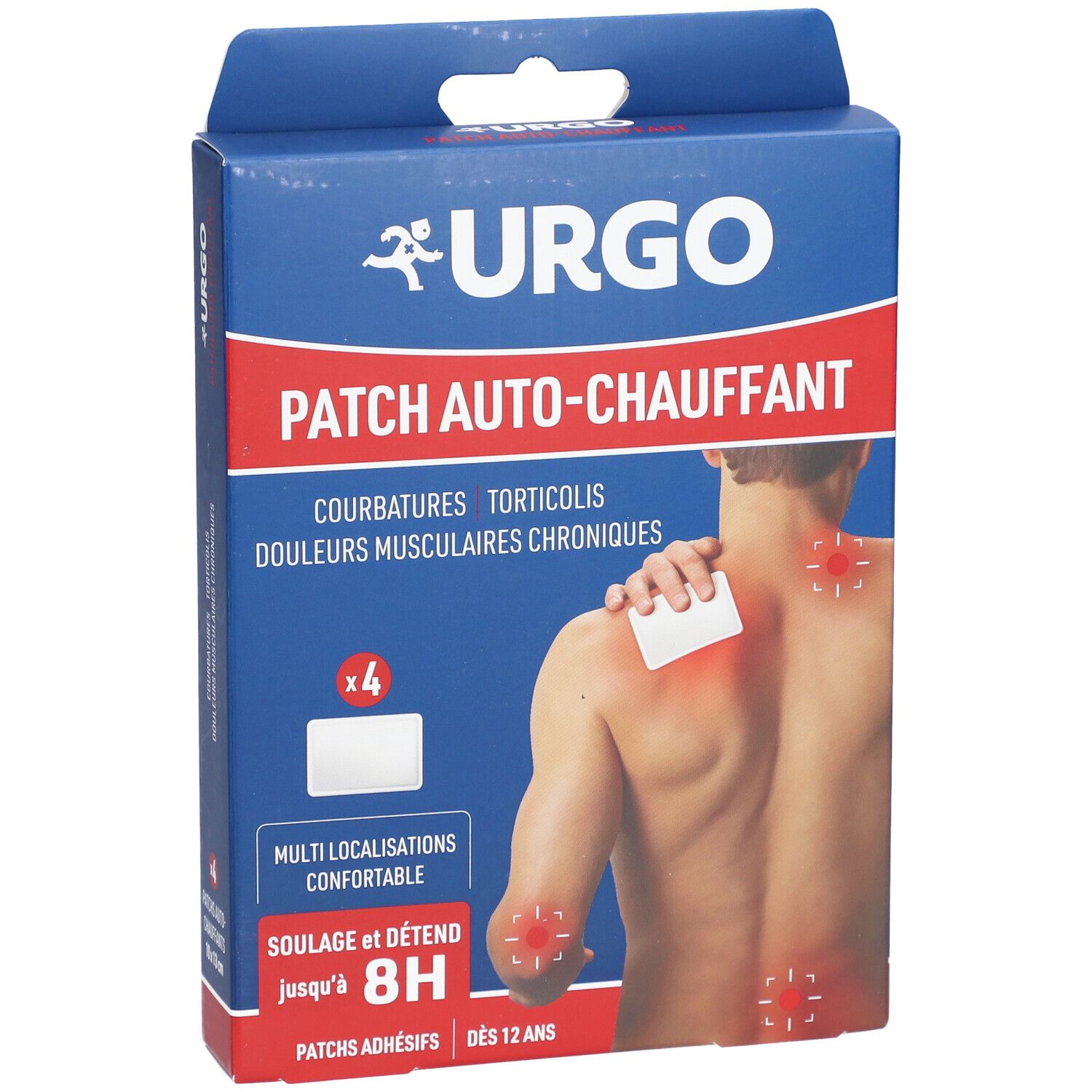 Boîte bleue URGO Patch auto-chauffant. Illustration d'une personne avec un patch. Contient 4 patchs. Soulage et détend jusqu'à 8H.