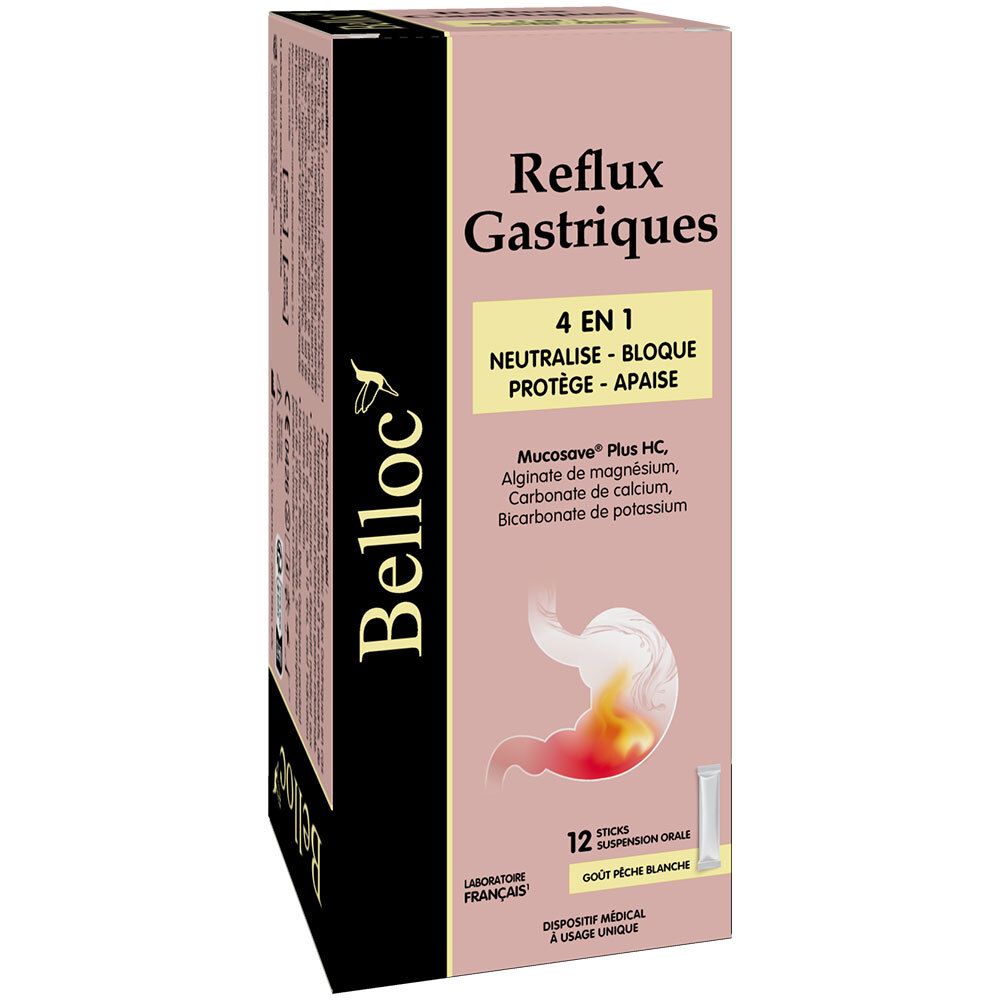 Boîte de Belloc Reflux Gastriques. Design rose et blanc avec informations produit et logo. Contient 12 sticks.