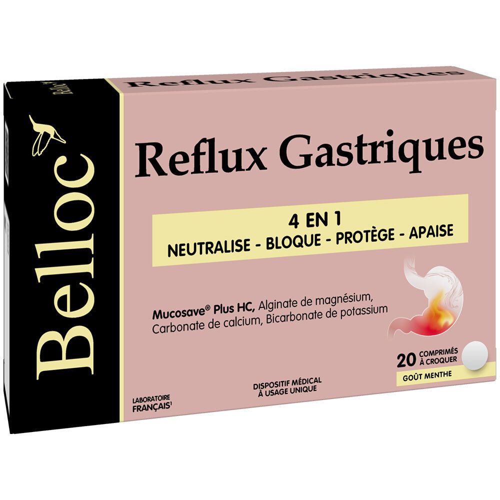 Boîte de BELLOC Reflux Gastriques 4 en 1 Comprimés. Design rose et blanc avec nom et ingrédients. 20 comprimés à croquer, goût menthe.