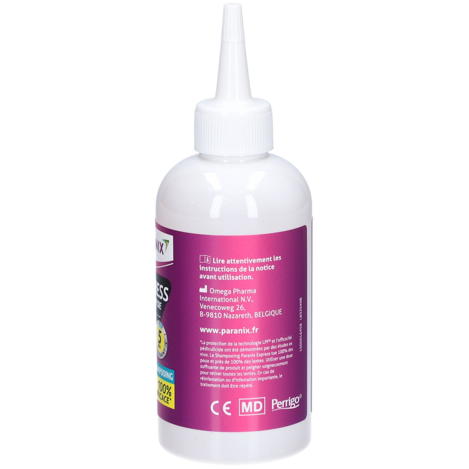 Flacon blanc, étiquette violette. Texte: PARANIX EXPRESS, marquage CE, adresse du fabricant.