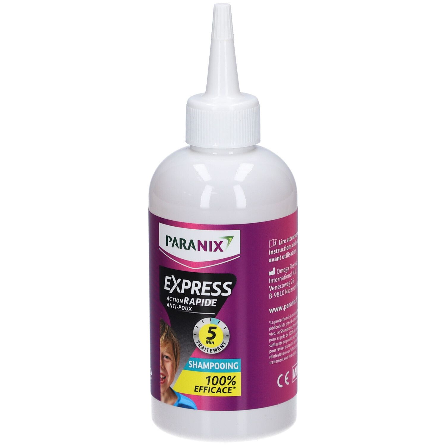 Flacon blanc, étiquette violette. Texte: PARANIX EXPRESS, traitement 5 min, 100% efficace. Enfant illustré.
