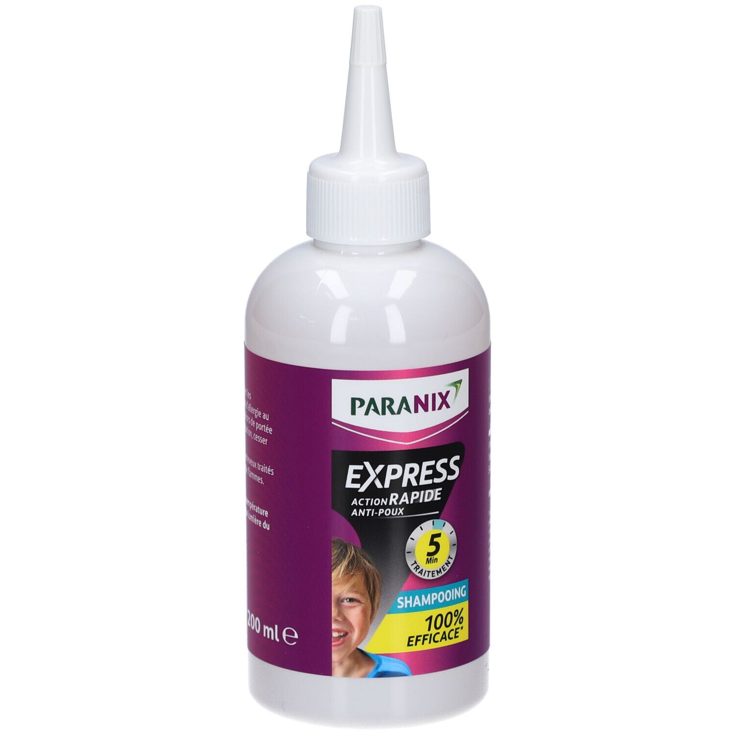 Flacon blanc, étiquette violette. Texte: PARANIX EXPRESS, 200 ml. Enfant illustré.