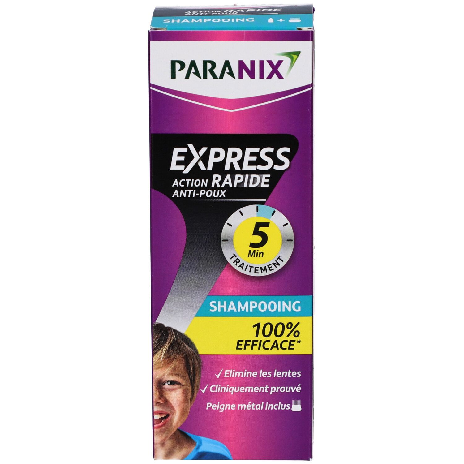 Emballage. Texte: PARANIX EXPRESS, traitement 5 min, 100% efficace. Peigne métallique inclus.