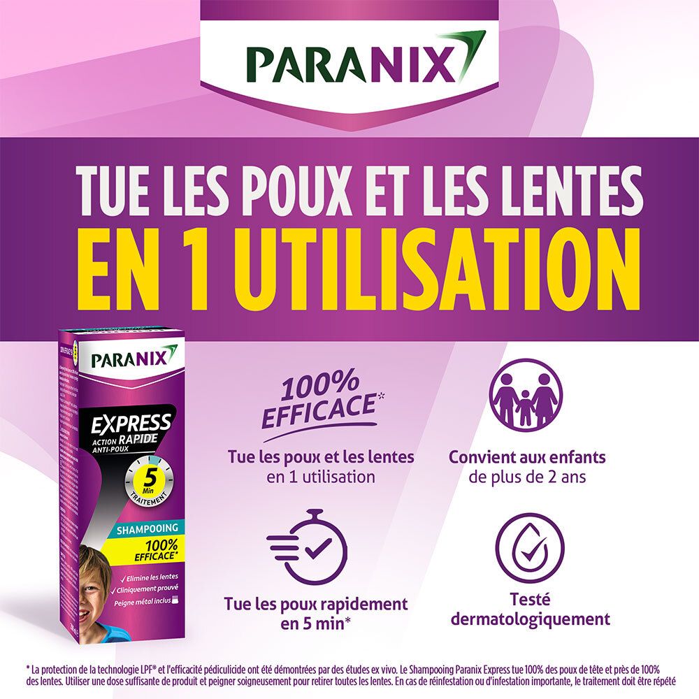 PARANIX Express Shampooing. Texte: Tue les poux et les lentes en 1 utilisation. 100% efficace.