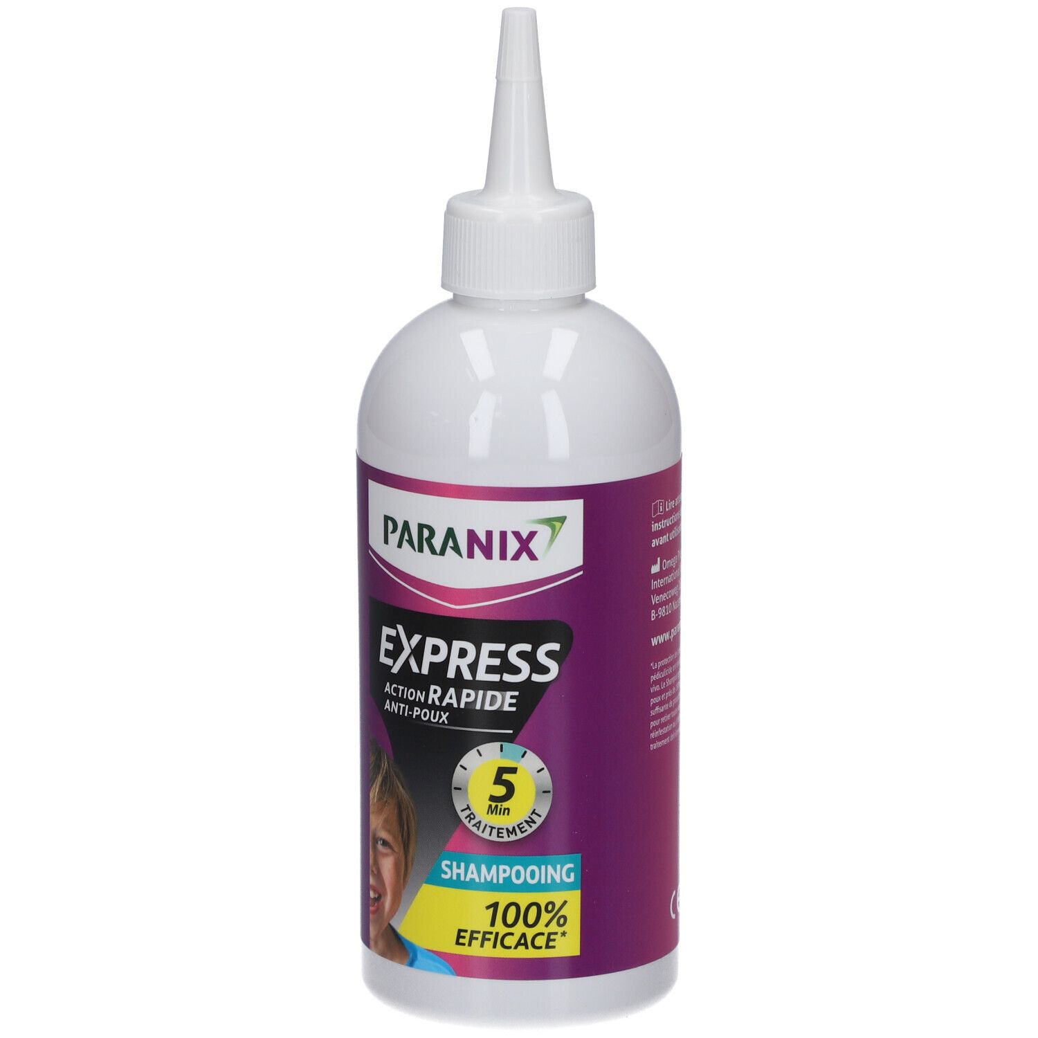 Flacon de shampooing PARANIX EXPRESS. Bouteille blanche avec étiquette violette. Inscription EXPRESS, traitement 5 min, 100% efficace.