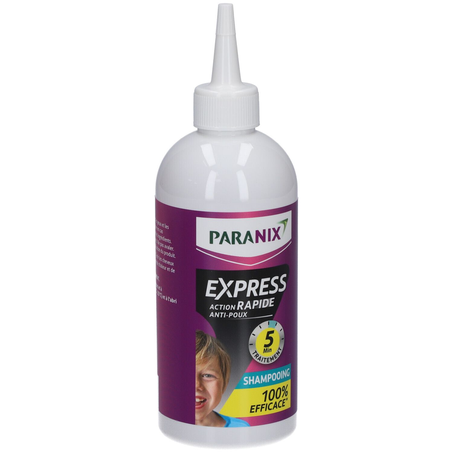 Flacon de shampooing PARANIX EXPRESS. Bouteille blanche avec étiquette violette. Inscription EXPRESS, traitement 5 min, 100% efficace.