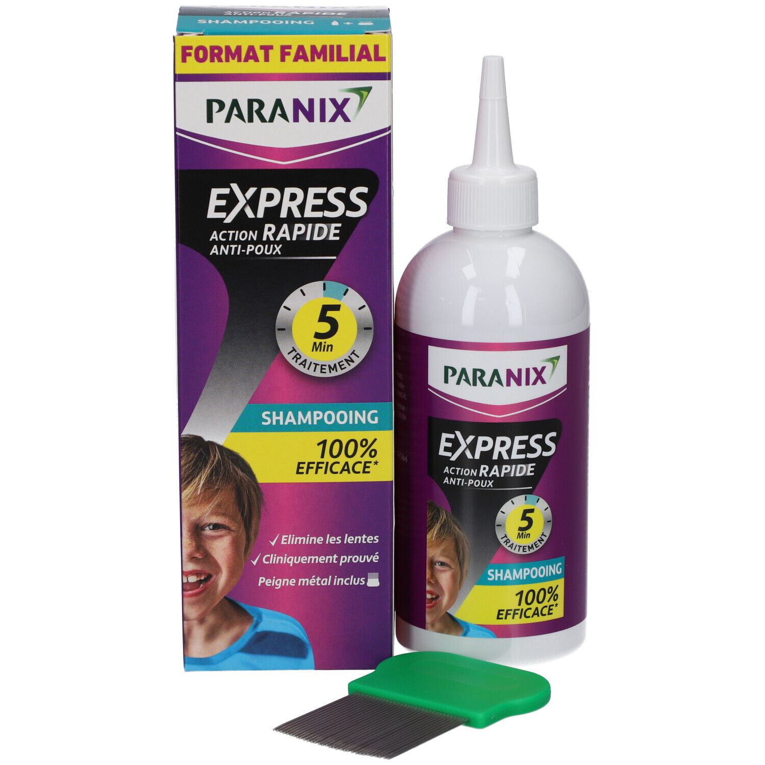 Emballage et flacon de shampooing PARANIX EXPRESS. Emballage avec texte et enfant. Flacon avec inscription EXPRESS.