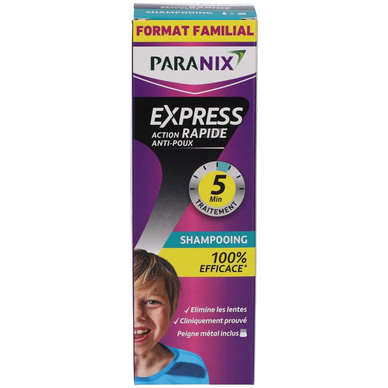 Emballage de shampooing PARANIX EXPRESS. Boîte violette avec texte et enfant. Inscription EXPRESS, traitement 5 min, 100% efficace.
