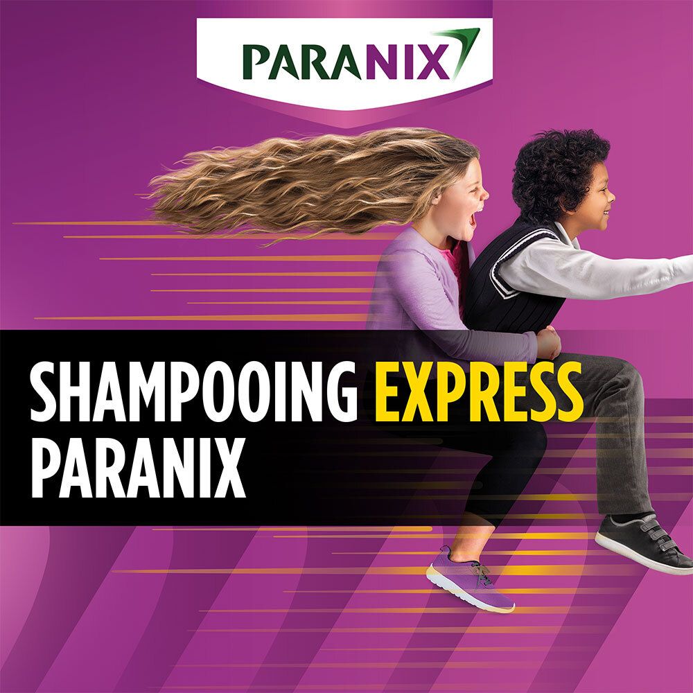 Publicité pour Shampooing Express. Enfants courant. Nom et logo du produit visibles.