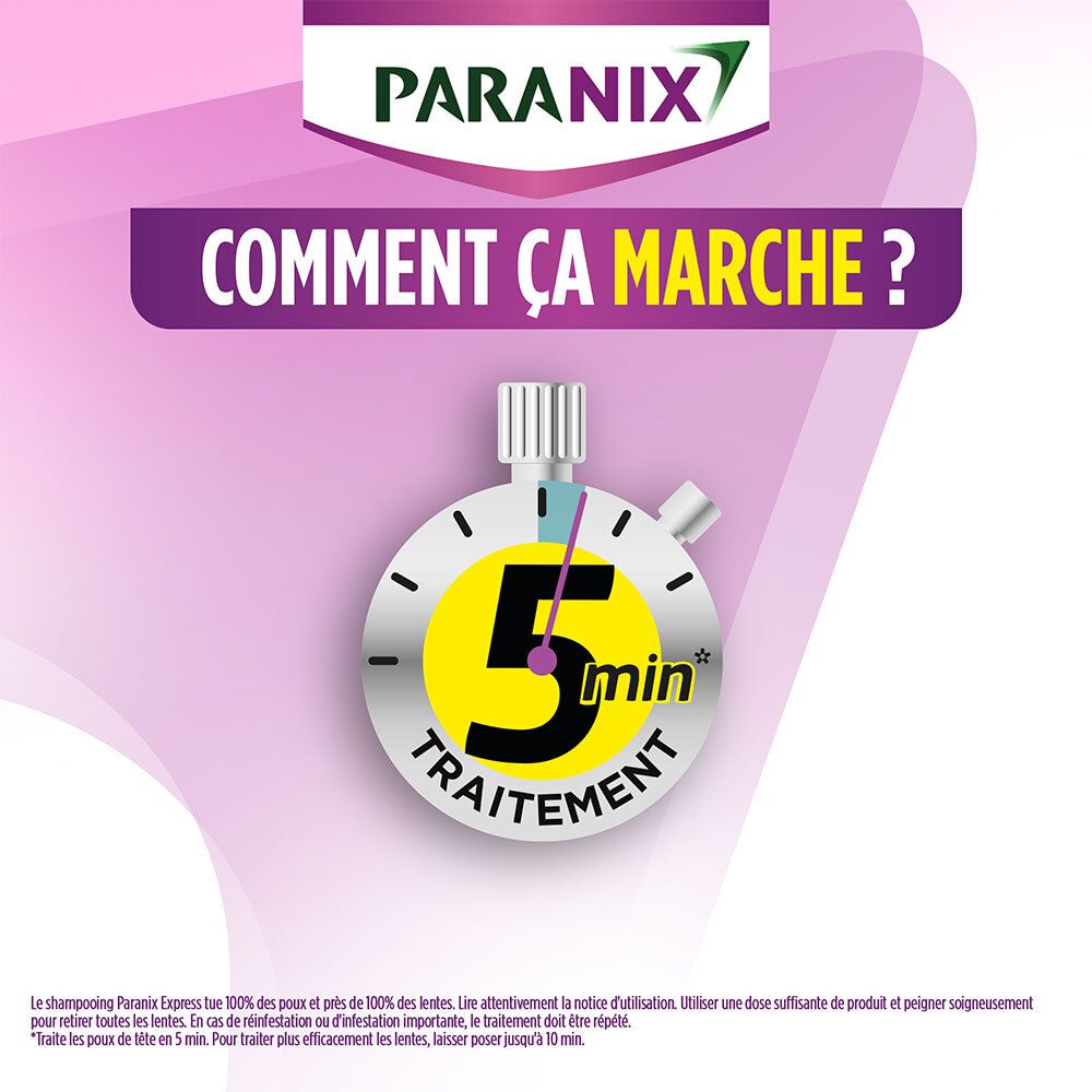 Chronomètre avec texte: 5 minutes de traitement. Nom et logo du produit visibles.