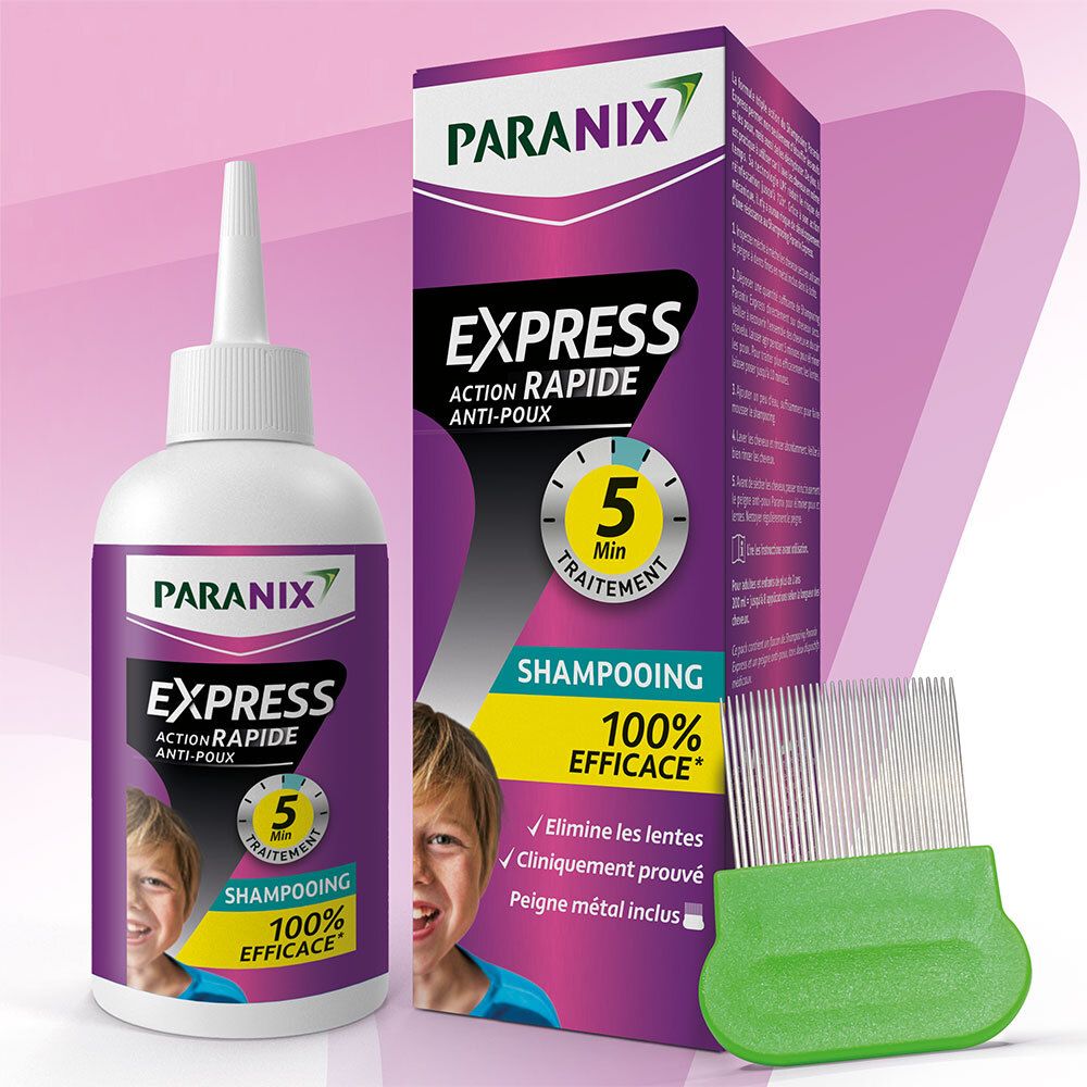 Shampooing anti-poux et son emballage. Logo et nom du produit visibles. Peigne métallique inclus.