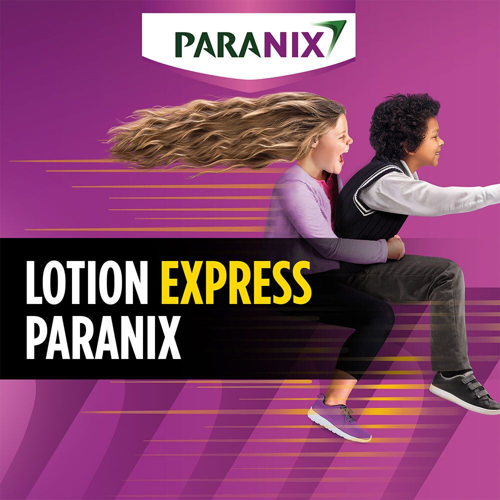 Publicité pour PARANIX Express Lotion. Deux enfants courent. Texte: Lotion Express PARANIX.
