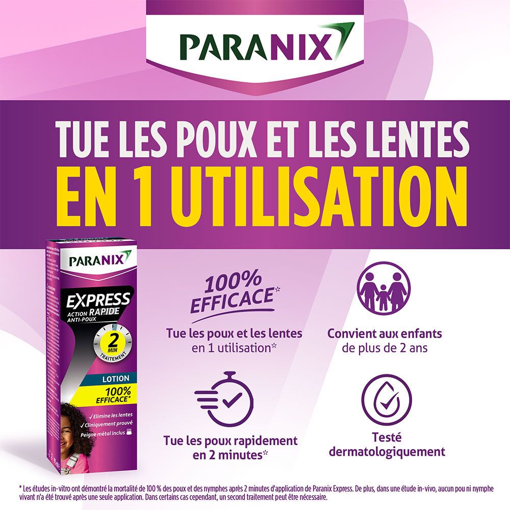 Logo PARANIX. Texte : Tue les poux et les lentes en 1 utilisation. Convient aux enfants de plus de 2 ans.