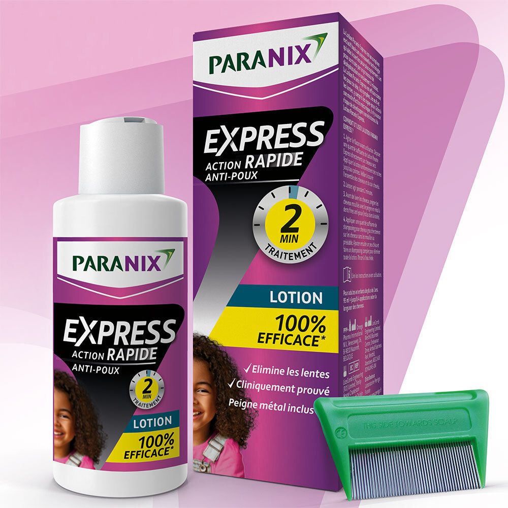 PARANIX Express Lotion Anti-poux, flacon et boîte. Comprend un peigne en métal. 100% efficace.