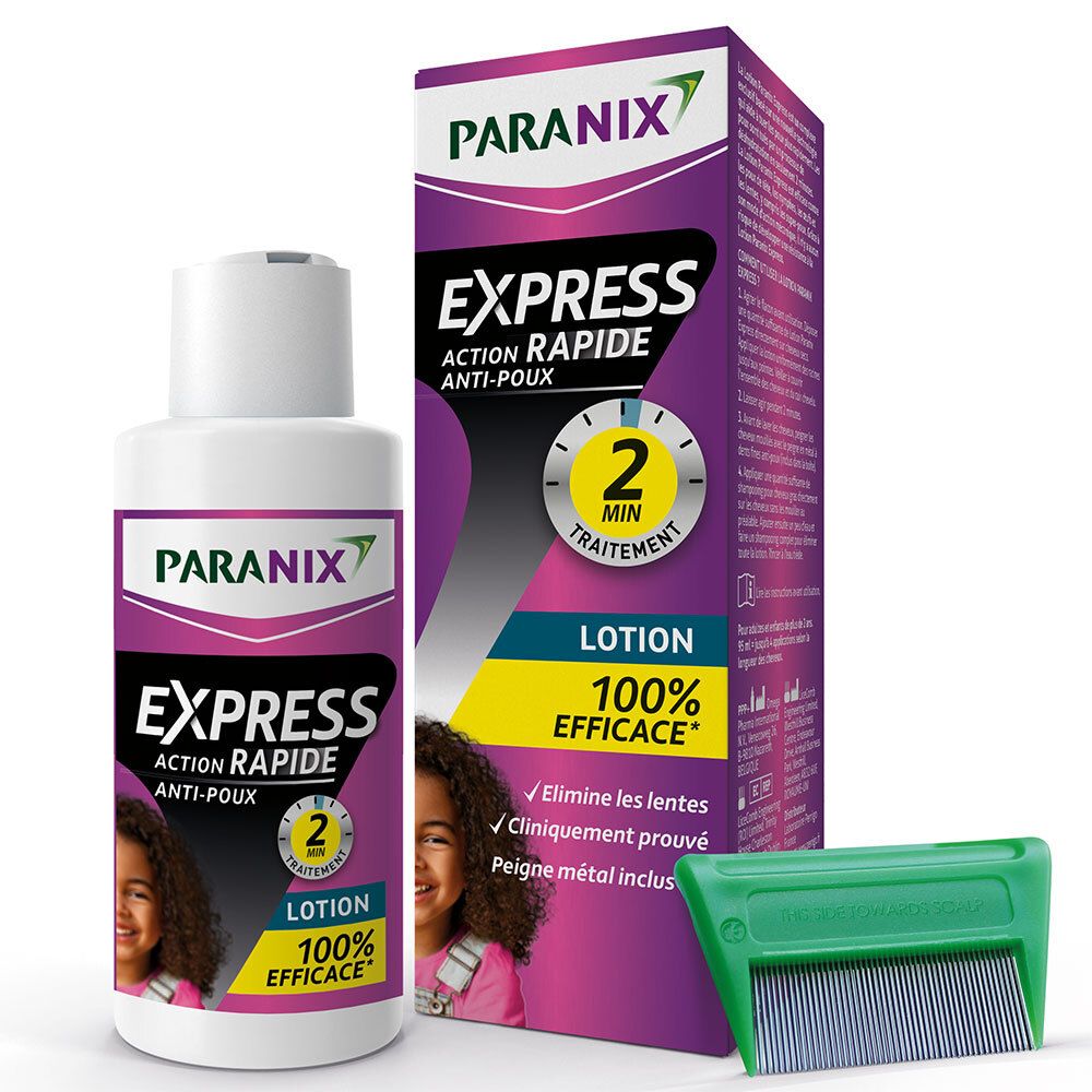 Flacon et emballage de lotion. PARANIX Express, anti-poux. Comprend un peigne en métal. 100% efficace.