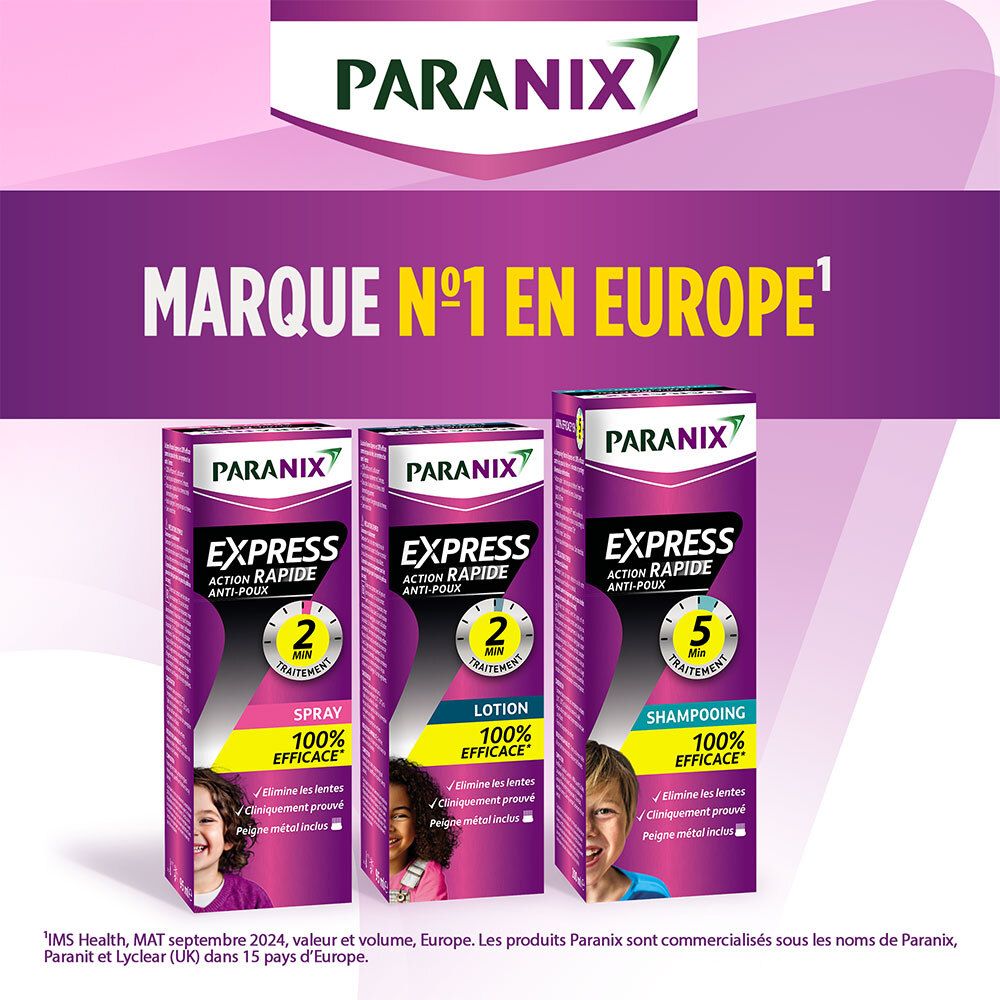 Trois produits PARANIX : Spray, Lotion et Shampooing. Texte : Marque n°1 en Europe. Logo.