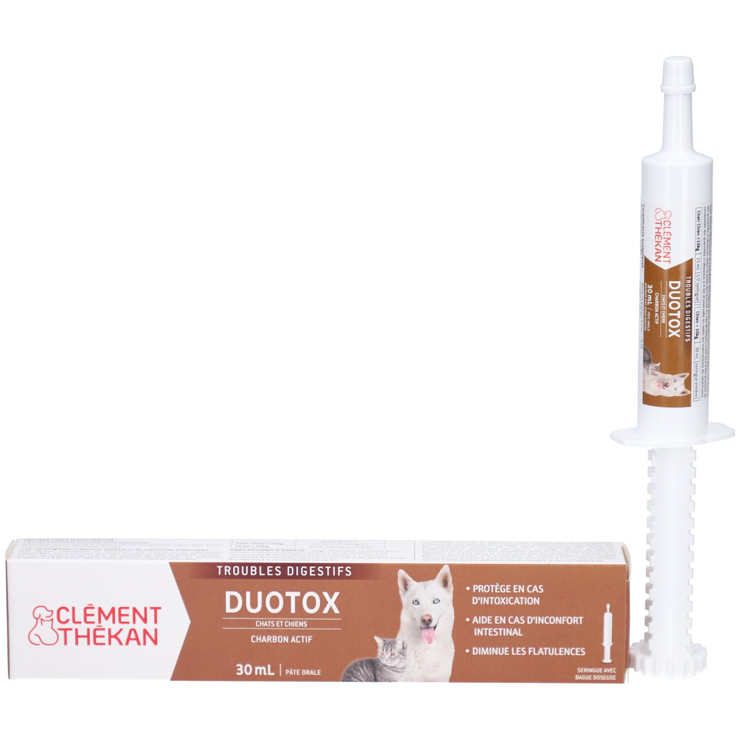 Emballage et seringue. DUOTOX CLÉMENT THÉKAN. Pour chiens et chats. Pâte orale.