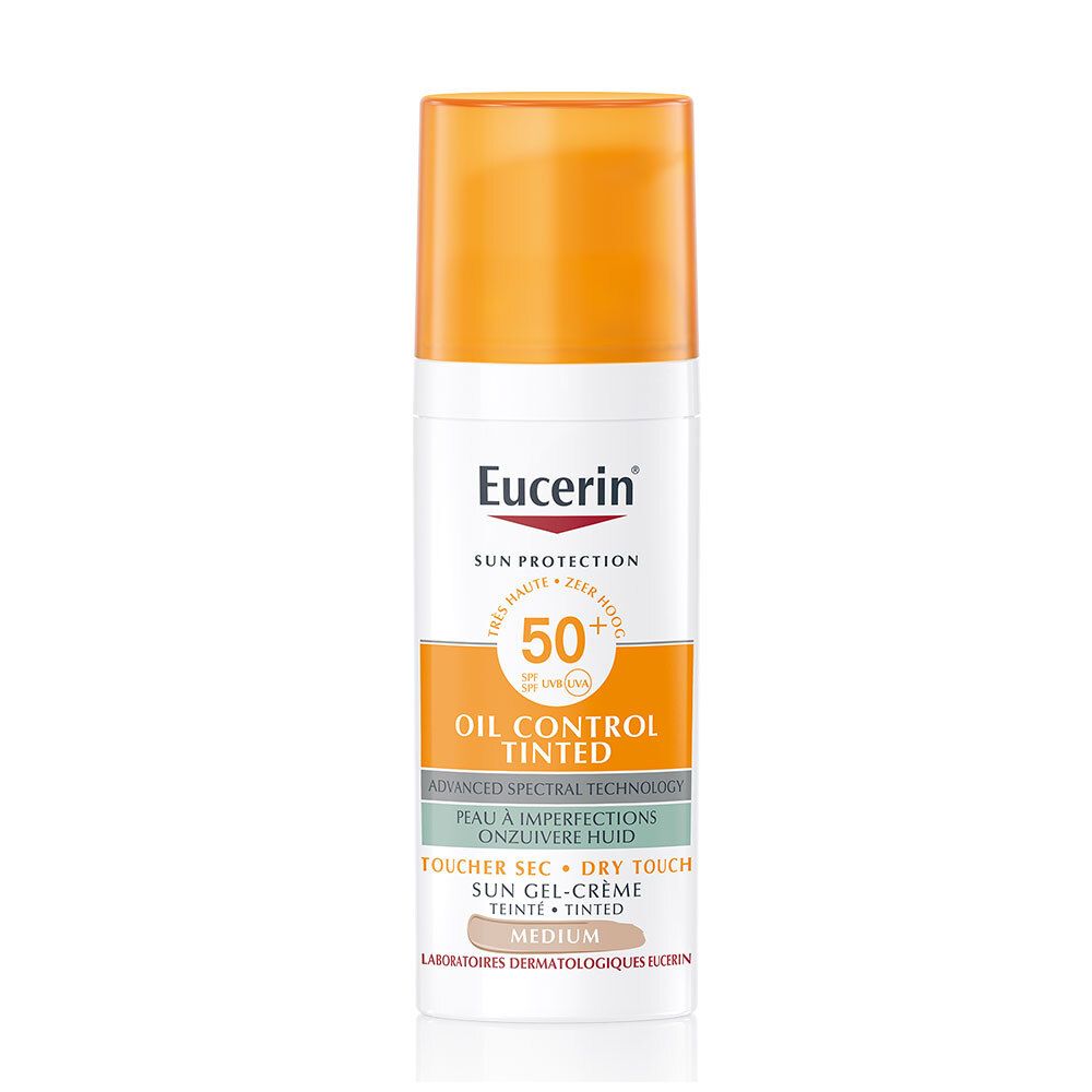 Eucerin Sun Protection. SPF 50+. Oil Control Teinté. Medium. Flacon.