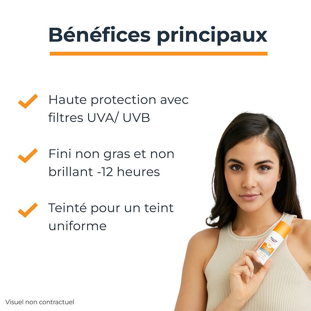Avantages : filtres UVA/UVB, non gras, matifiant. Femme avec produit.