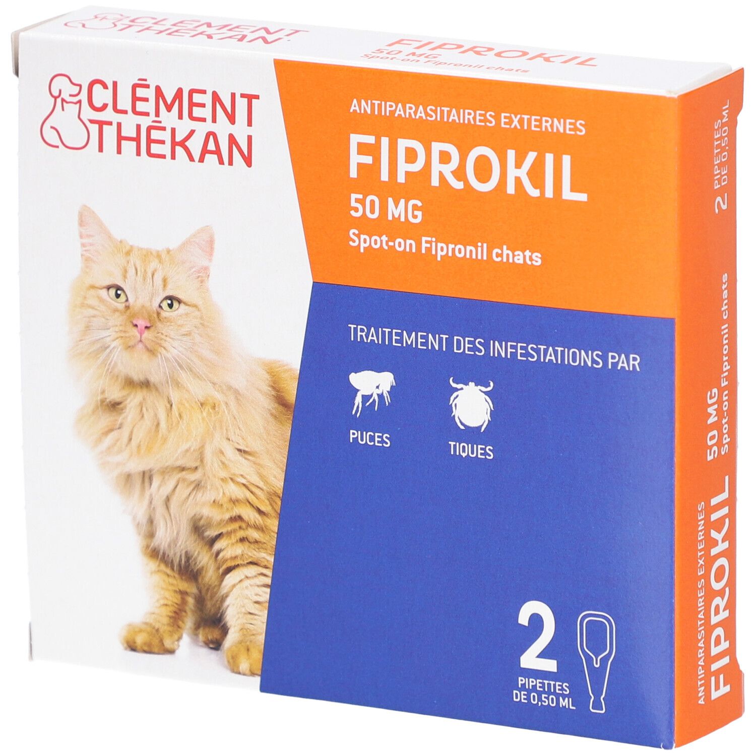 Boîte Fiprokil 50 mg, 2 pipettes. Marque Clement Thékan. Image d'un chat roux.