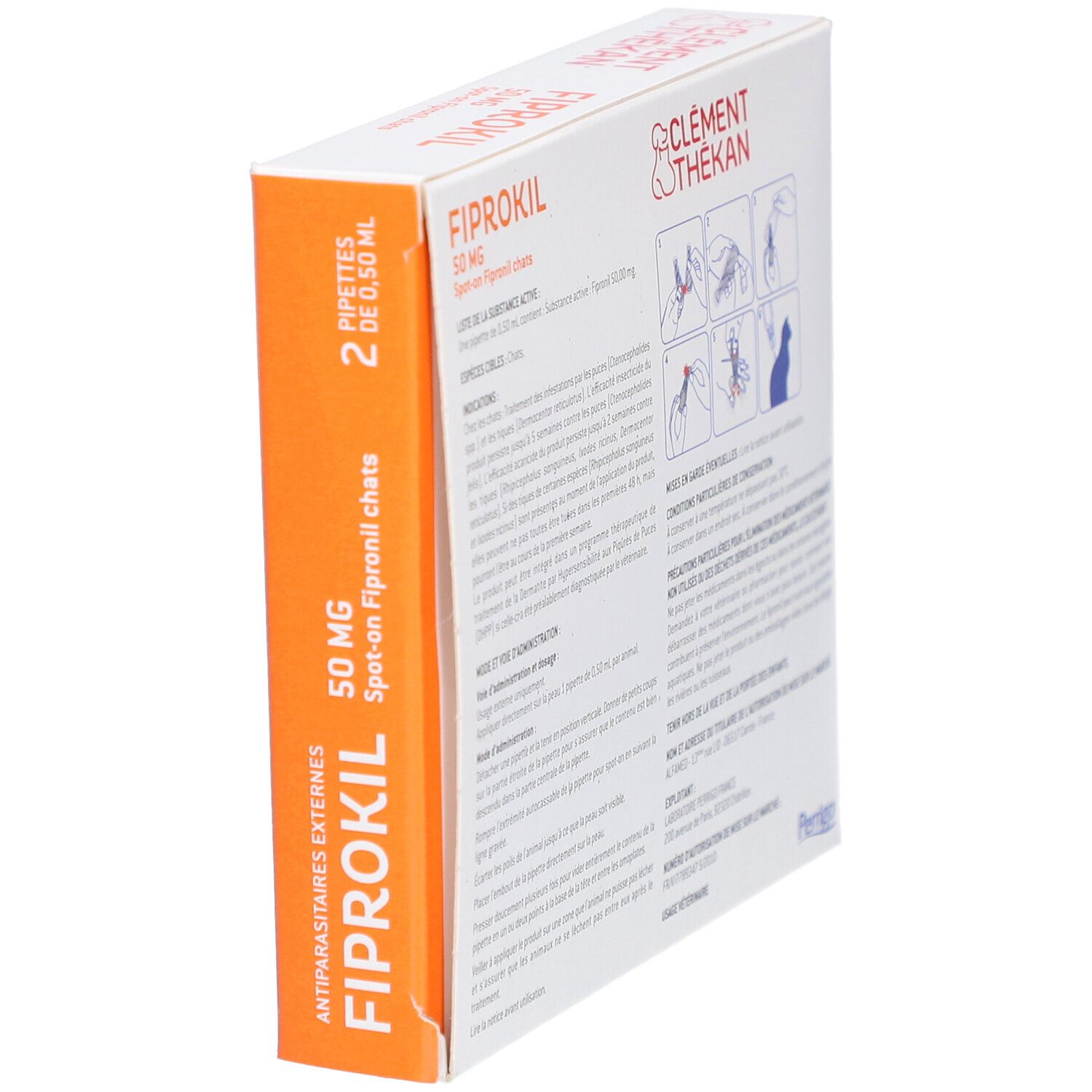 Vue latérale de la boîte Fiprokil. Marque Clement Thékan. Contient 2 pipettes. Avec informations produit.