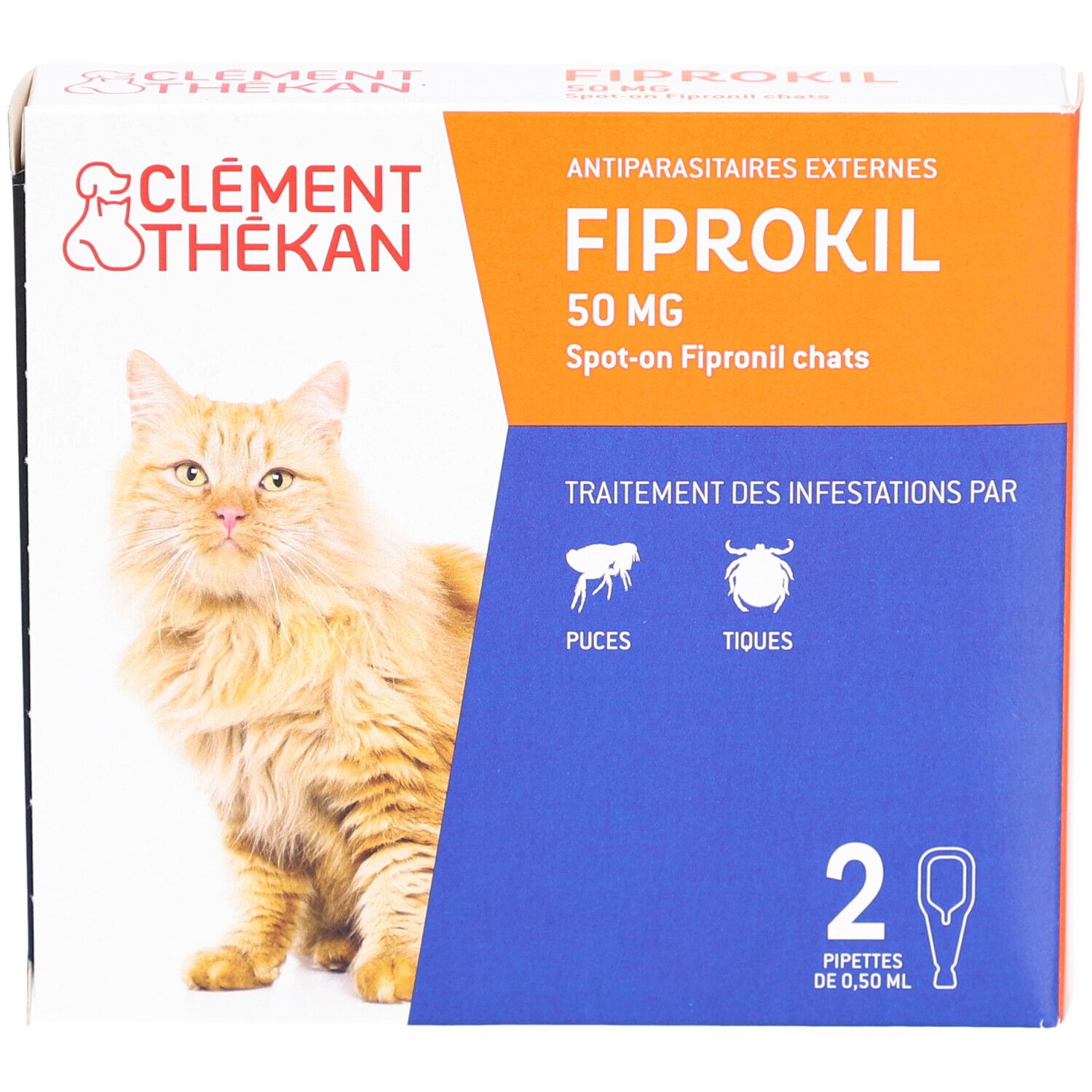 Boîte Fiprokil 50 mg. Marque Clement Thékan. Contient 2 pipettes. Image d'un chat.