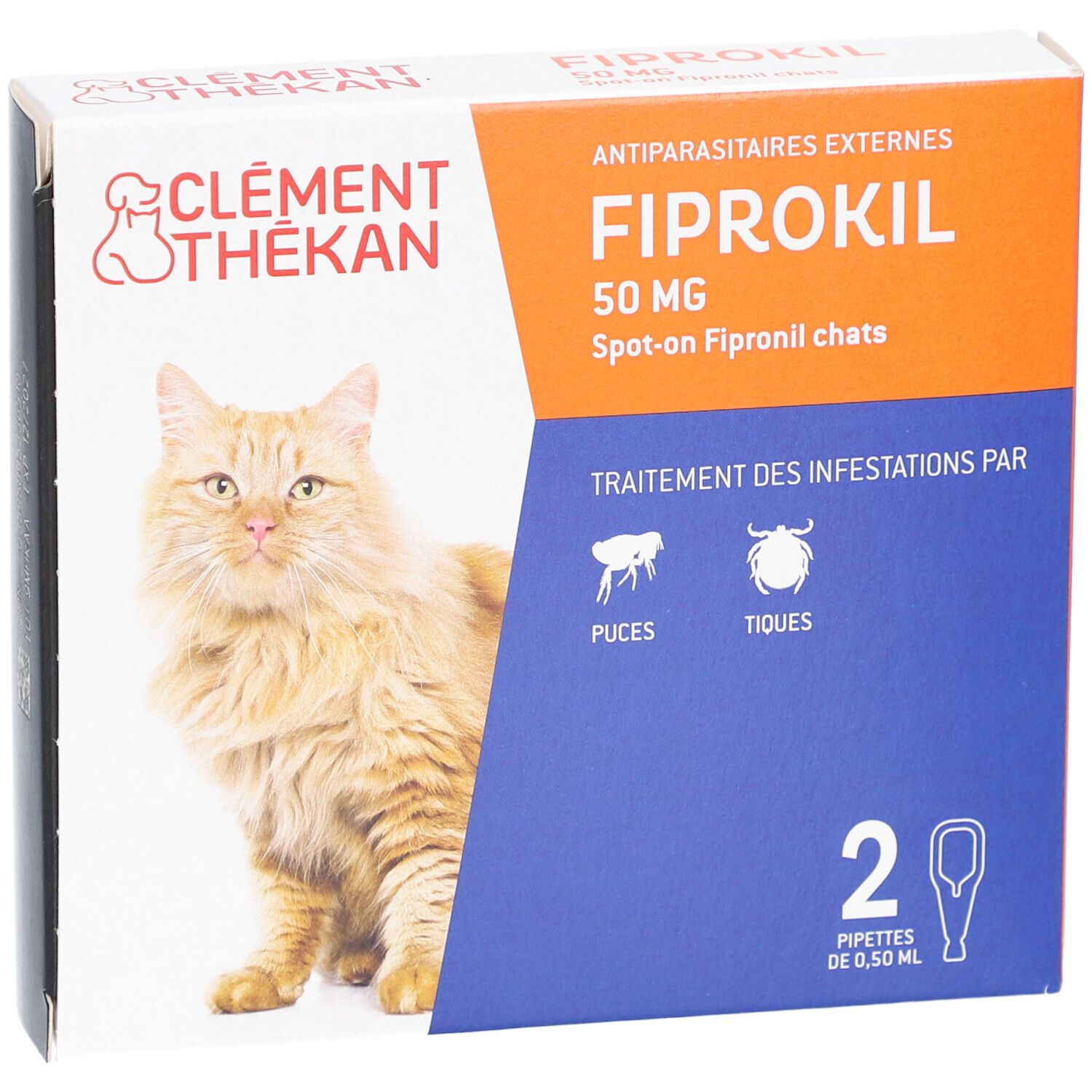 Boîte Fiprokil 50 mg. Marque Clement Thékan. Contient 2 pipettes. Image d'un chat.