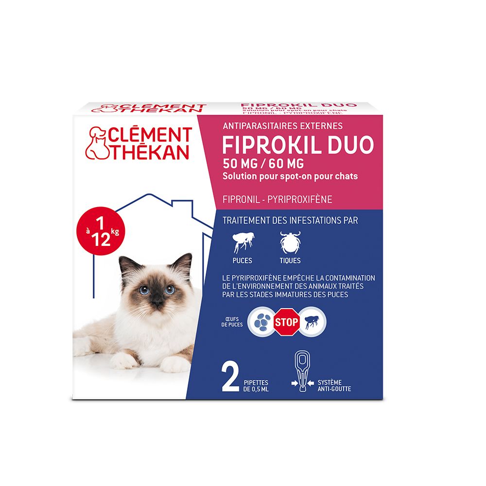 Boîte de Fiprokil Duo pour chats. Contient 2 pipettes. Marque Clement Thékan. 1-12 kg.