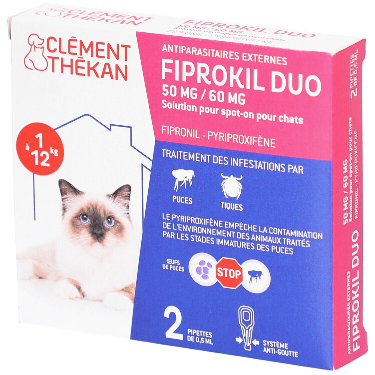 Boîte avec nom du produit et chat. Contient 2 pipettes. Texte: Antiparasitaires externes.