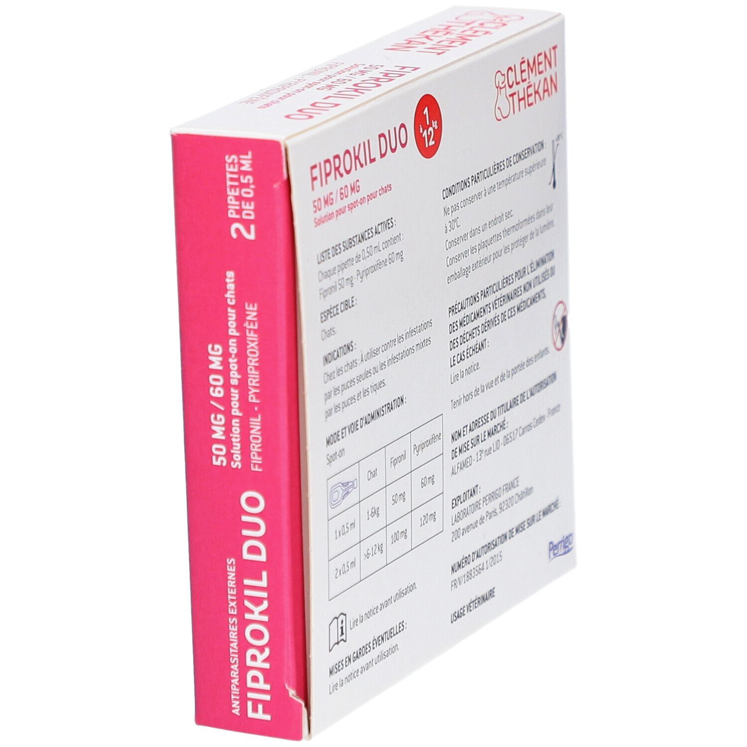 Emballage du produit, en biais d'en haut. Contient le nom du produit et des informations. Rose et blanc.