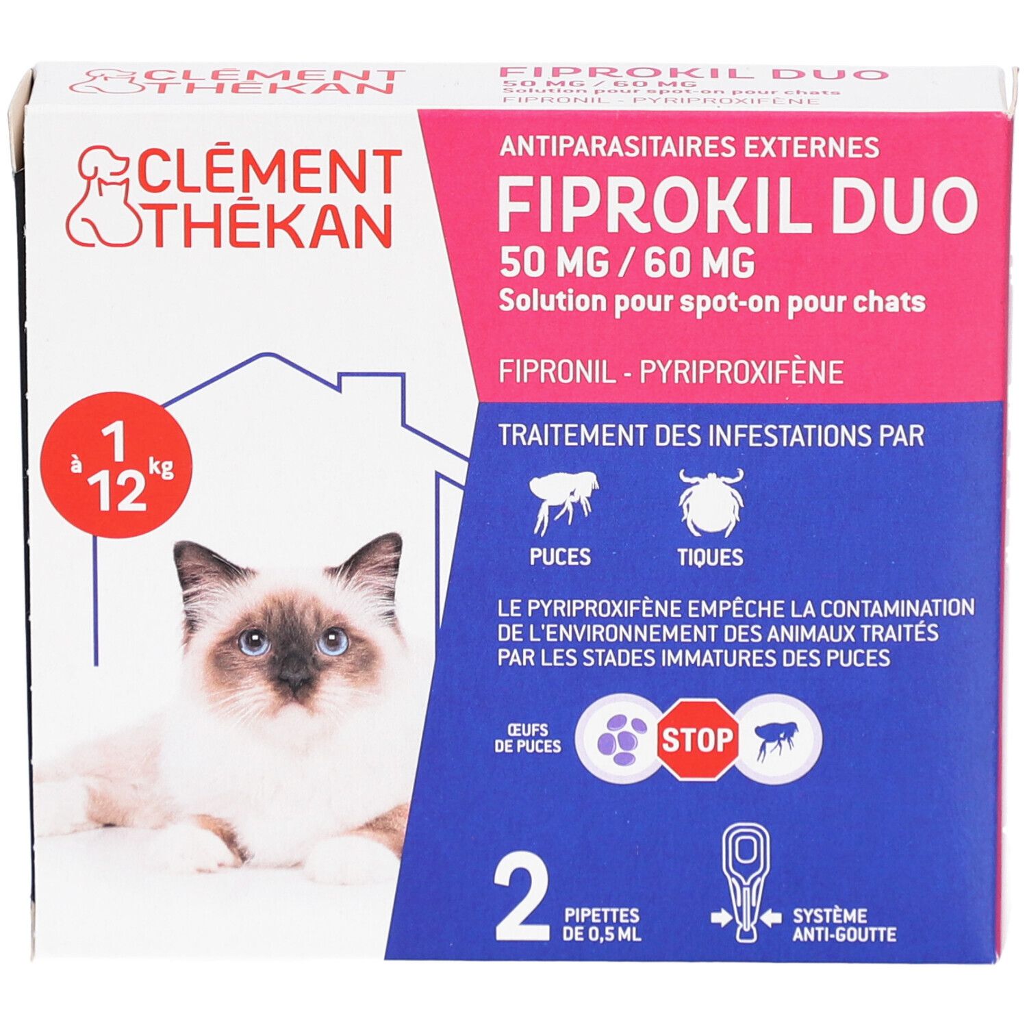 Emballage du produit avec nom et chat. Contient 2 pipettes. Texte: Antiparasitaires externes.