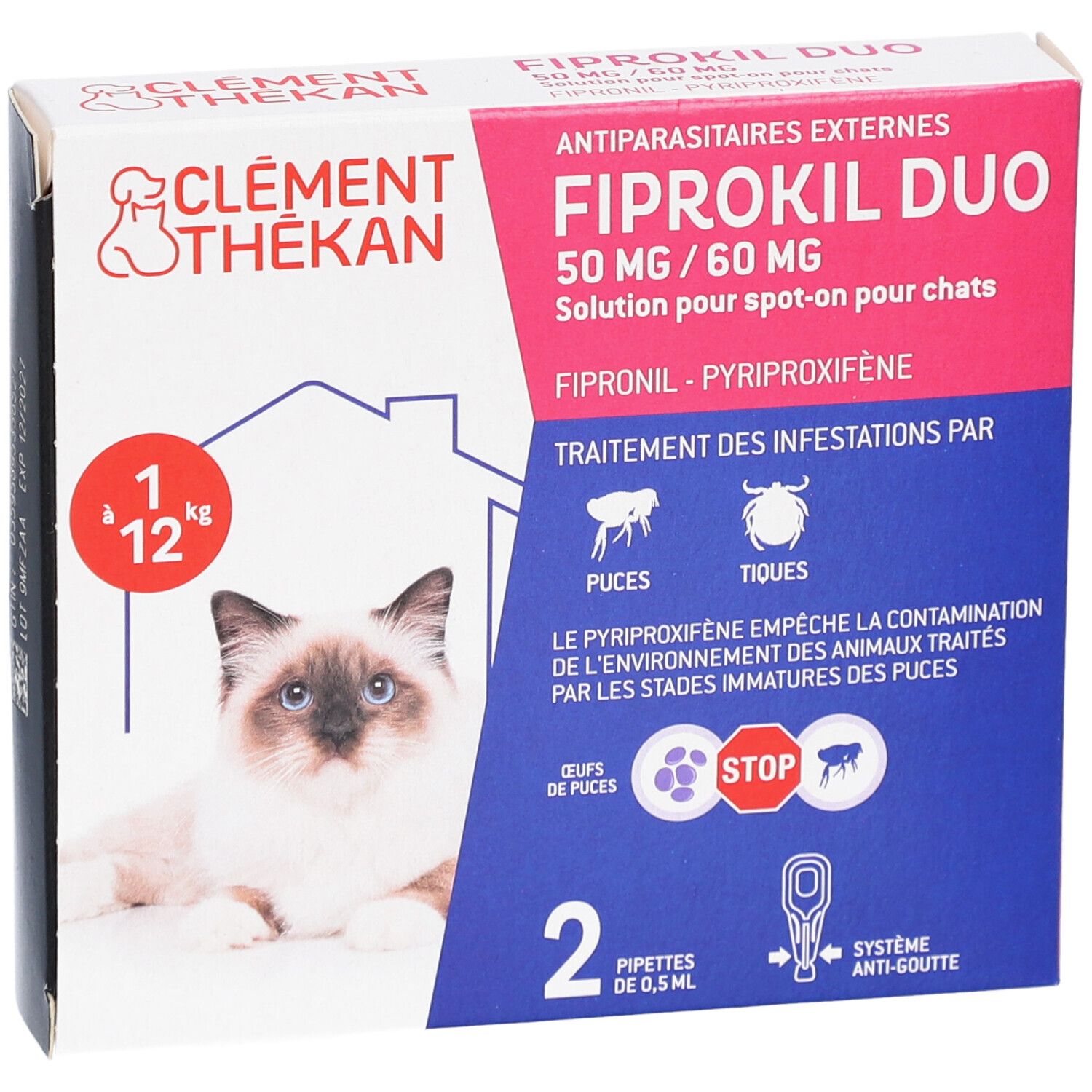Emballage du produit avec nom et chat. Contient 2 pipettes. Texte: Antiparasitaires externes.