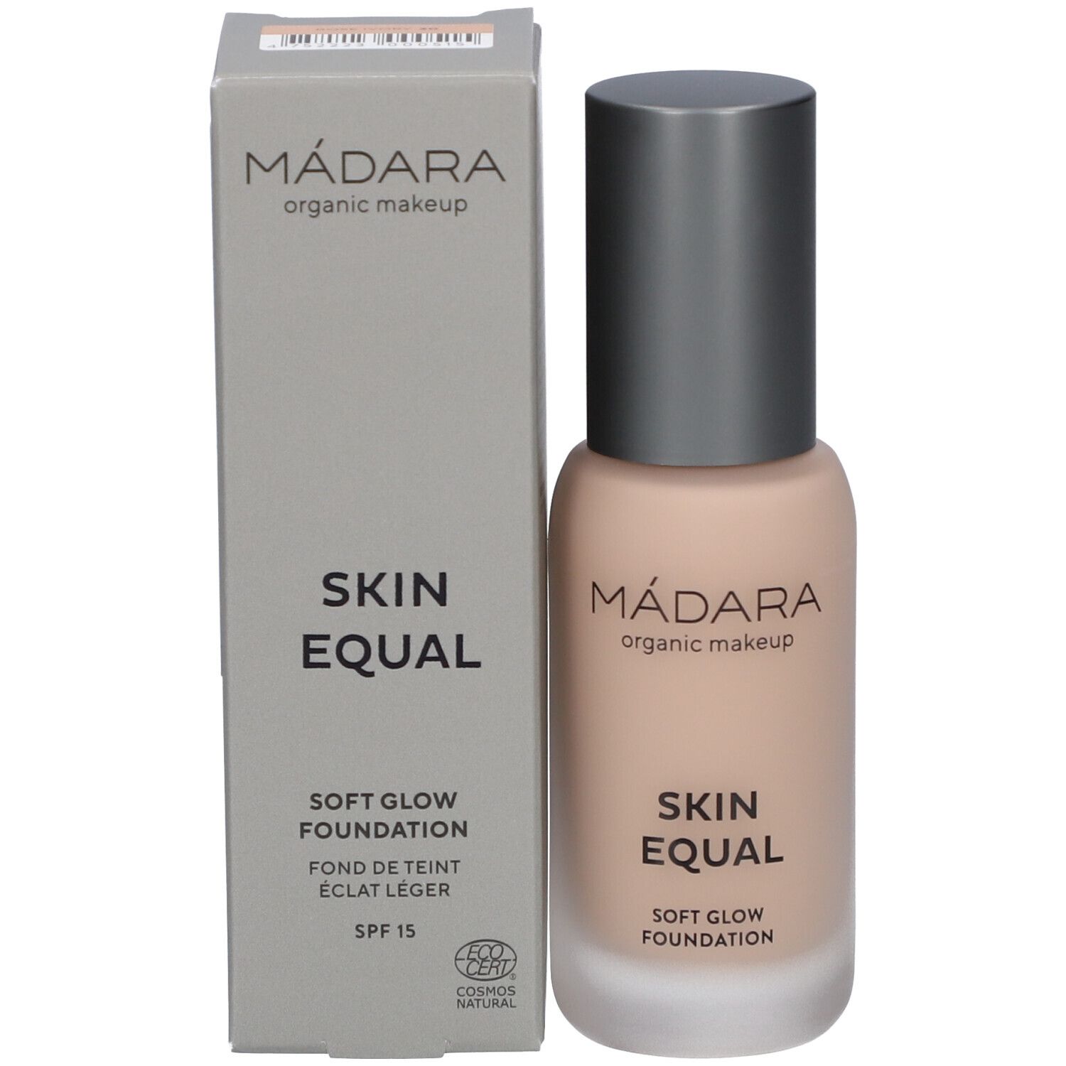 Fond de teint Madara Skin Equal, flacon et boîte. Inscription : Skin Equal, Soft Glow Foundation, SPF 15. Cosmos Natural.