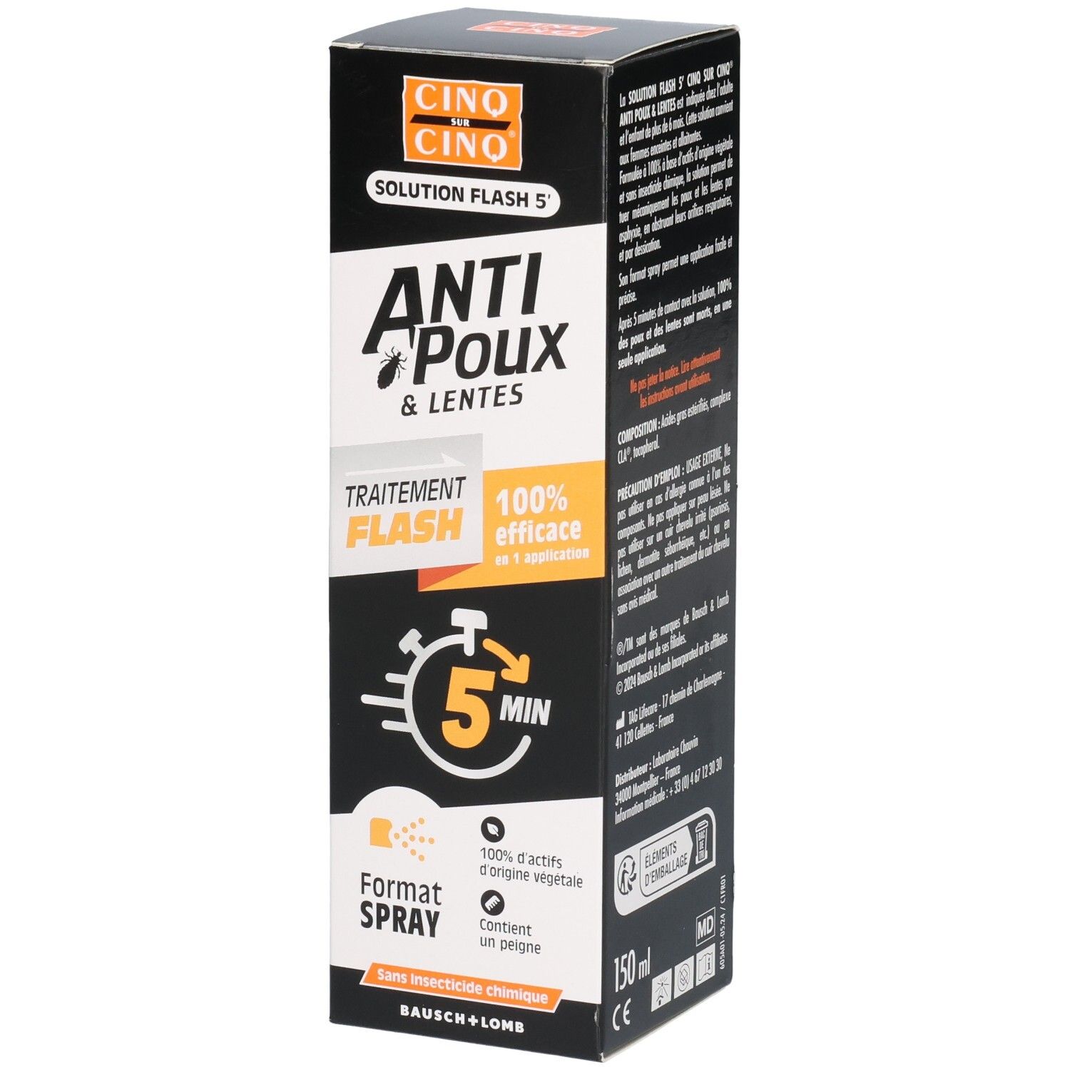 Cinq Sur Cinq Anti-Poux & Lentes Spray: Boîte de 150ml avec informations sur le traitement rapide des poux.