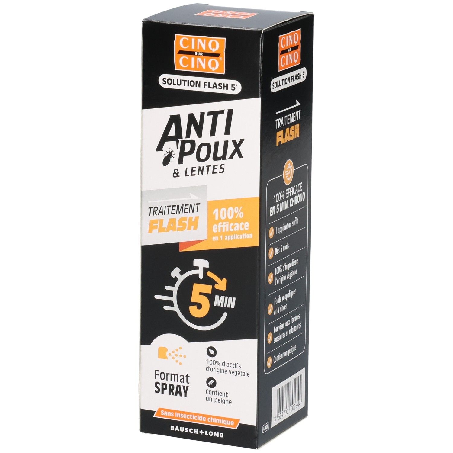 Cinq Sur Cinq Anti-Poux & Lentes Spray: Face avant de la boîte de 150ml, indiquant "Flash 5 Min" et "100% Efficacité".