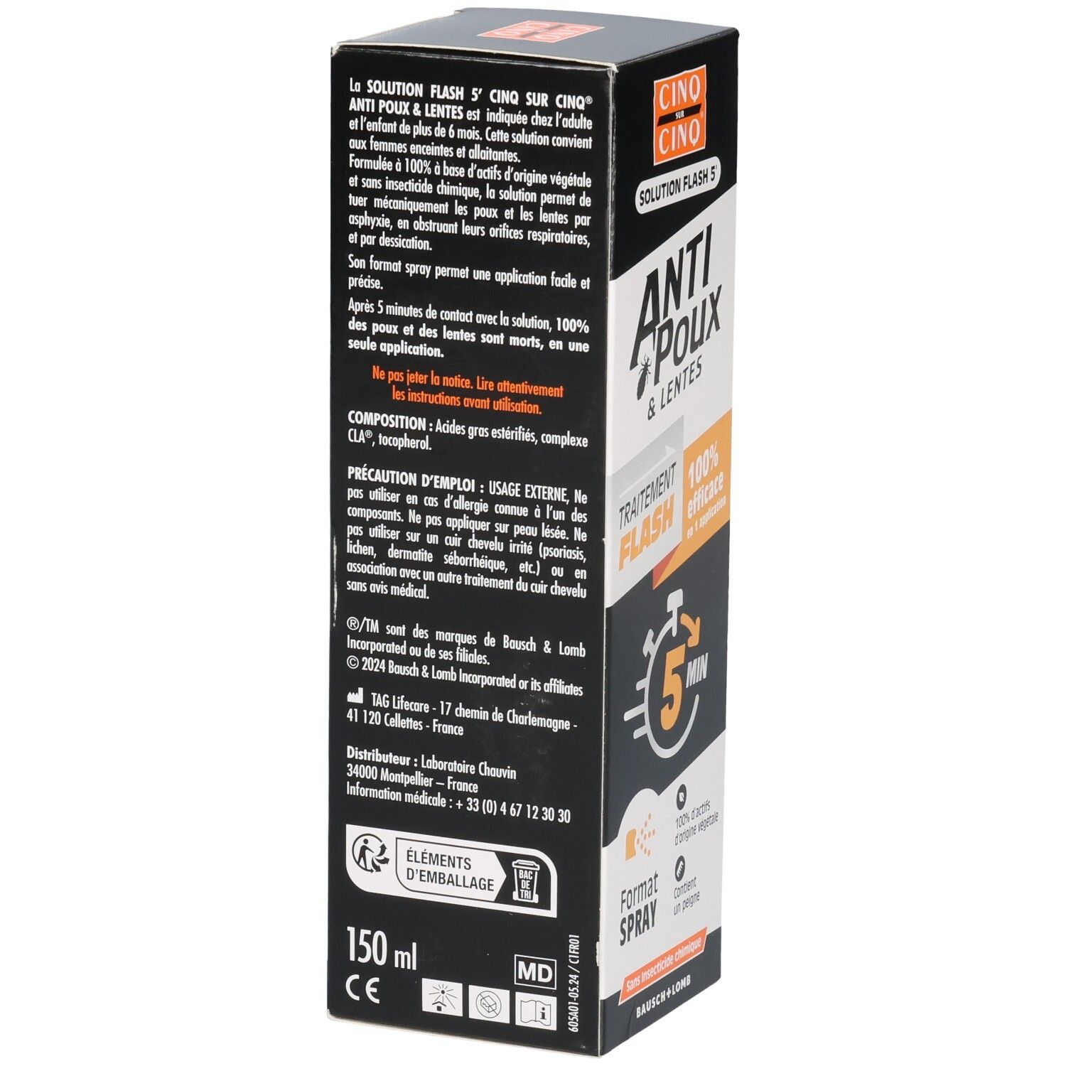Cinq Sur Cinq Anti-Poux & Lentes Spray: Vue latérale de la boîte de 150ml avec informations détaillées sur l'application.