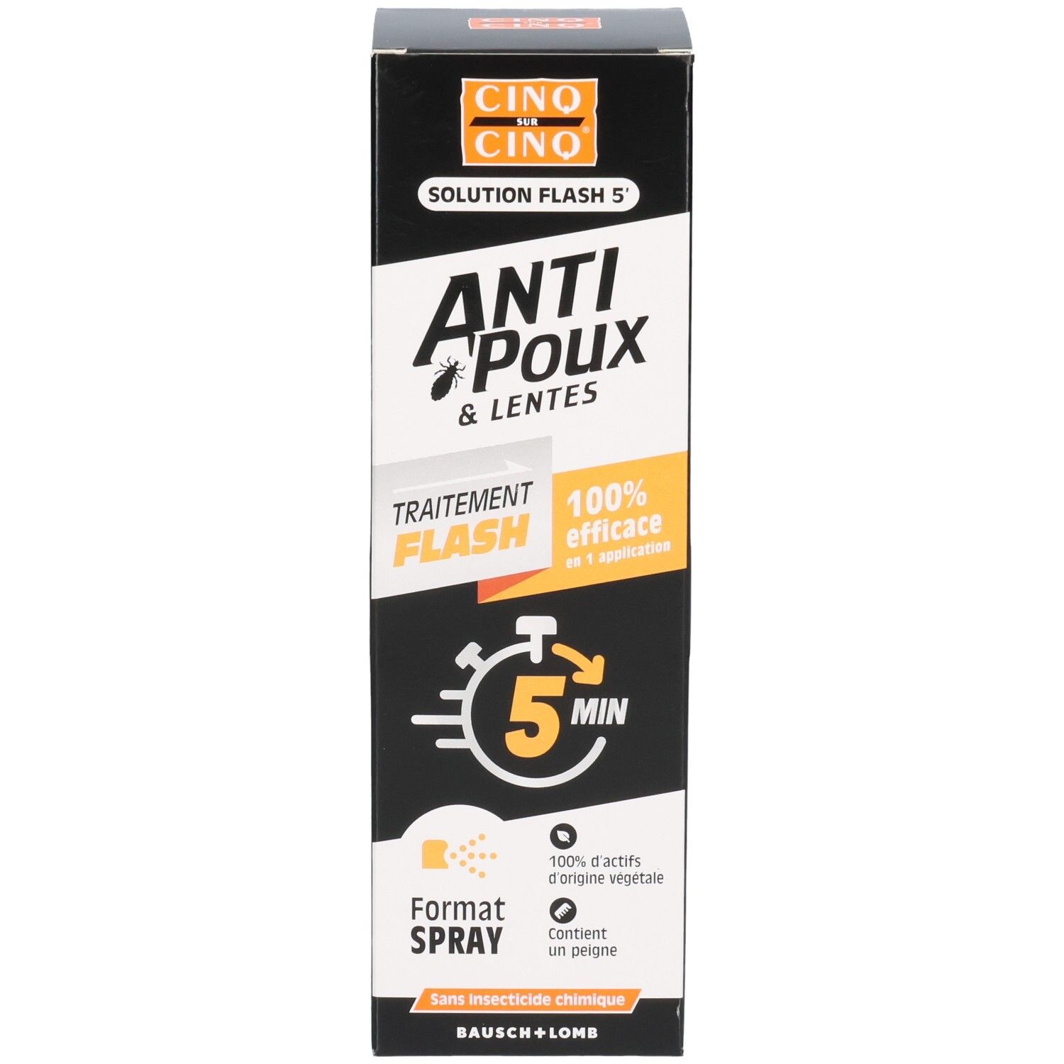 Cinq Sur Cinq Anti-Poux & Lentes Spray: Face avant de la boîte de 150ml, mettant en avant "Flash 5 Min" et "100% Efficacité".