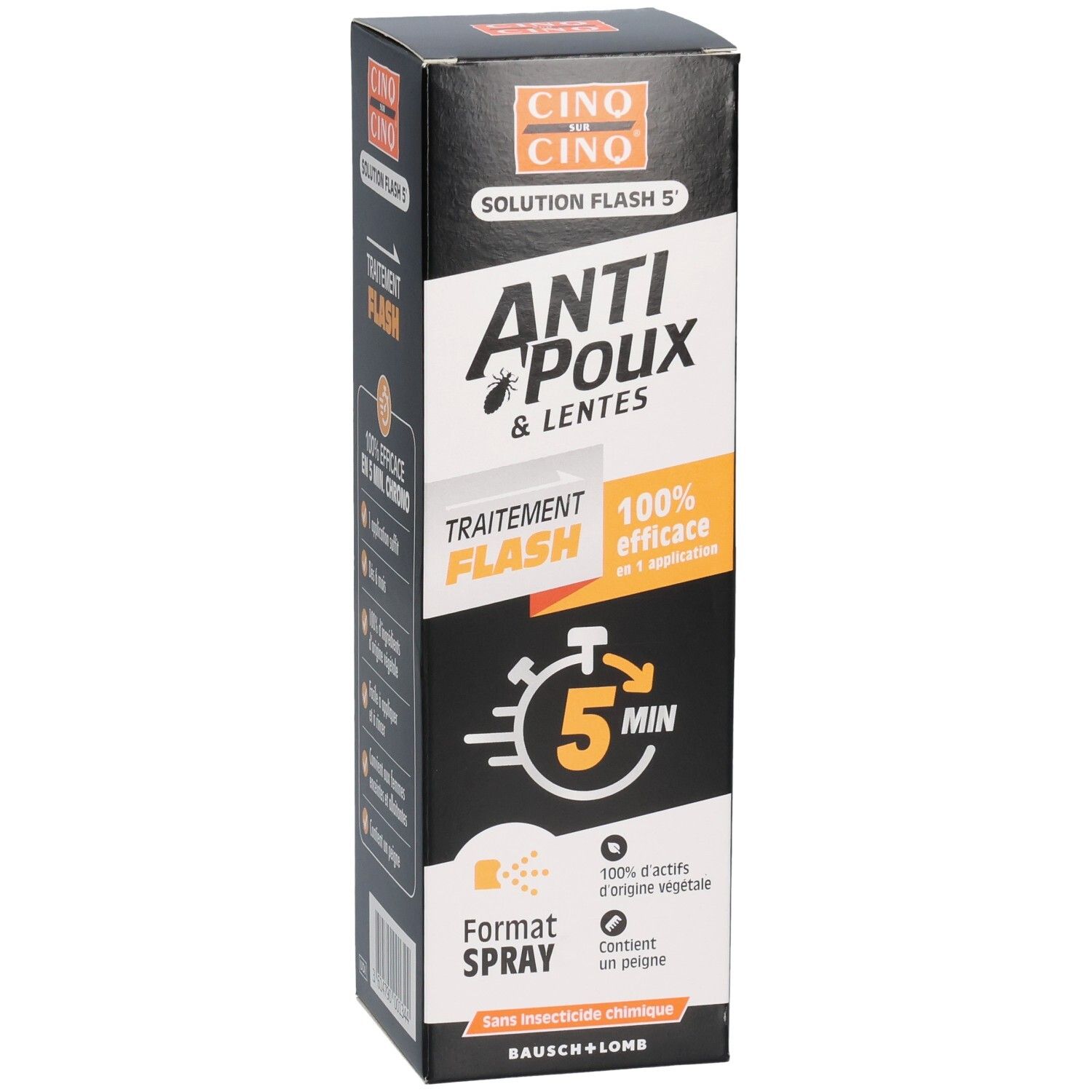 Cinq Sur Cinq Anti-Poux & Lentes Spray: Boîte de 150ml axée sur "Flash 5 Min" et "100% Efficacité".