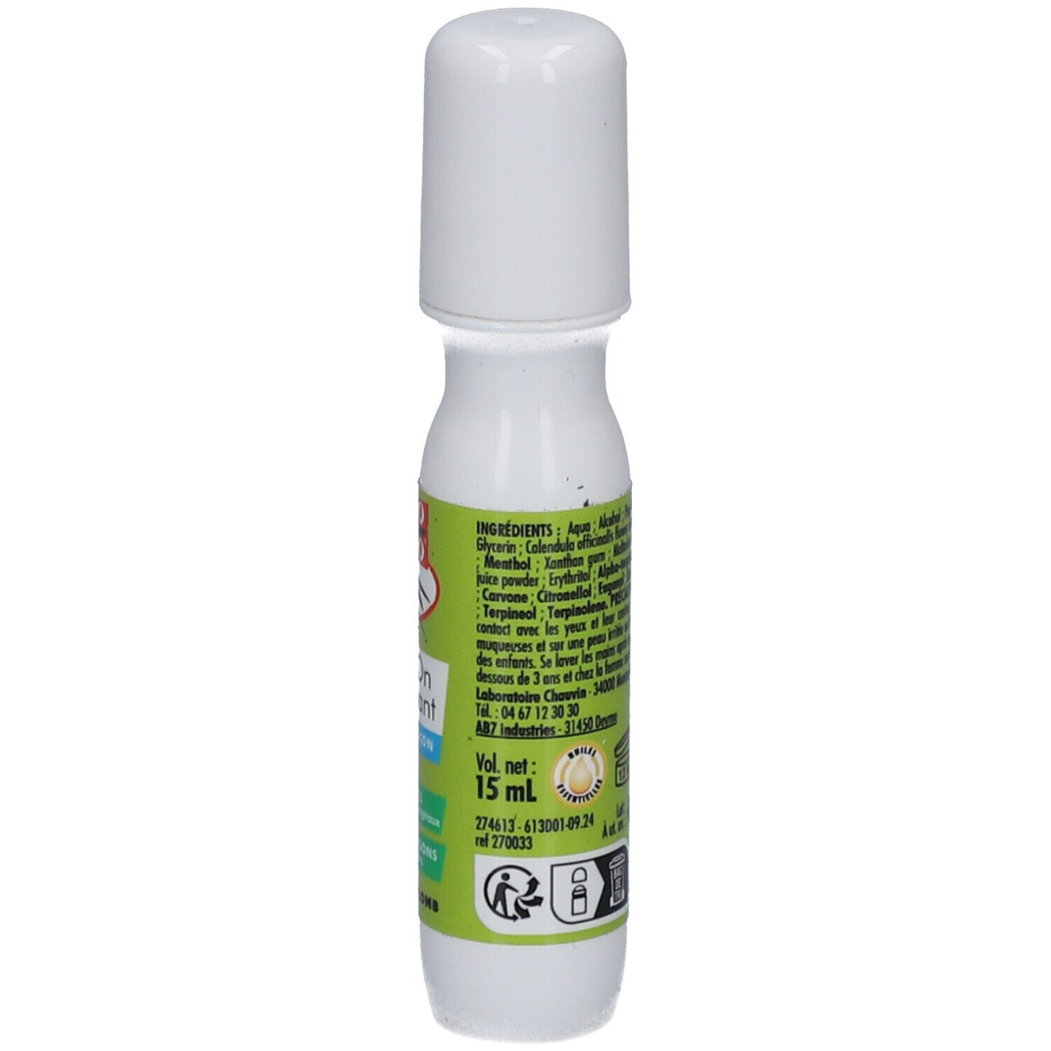 Roll-on blanc avec bouchon blanc. Étiquettes vertes et bleues avec texte. 15 ml.