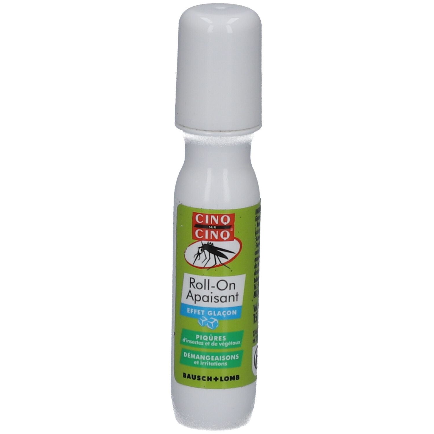 Roll-on blanc avec bouchon blanc. Inscription : CINQ/CINQ, Roll-On Apaisant, Effet Glacon.