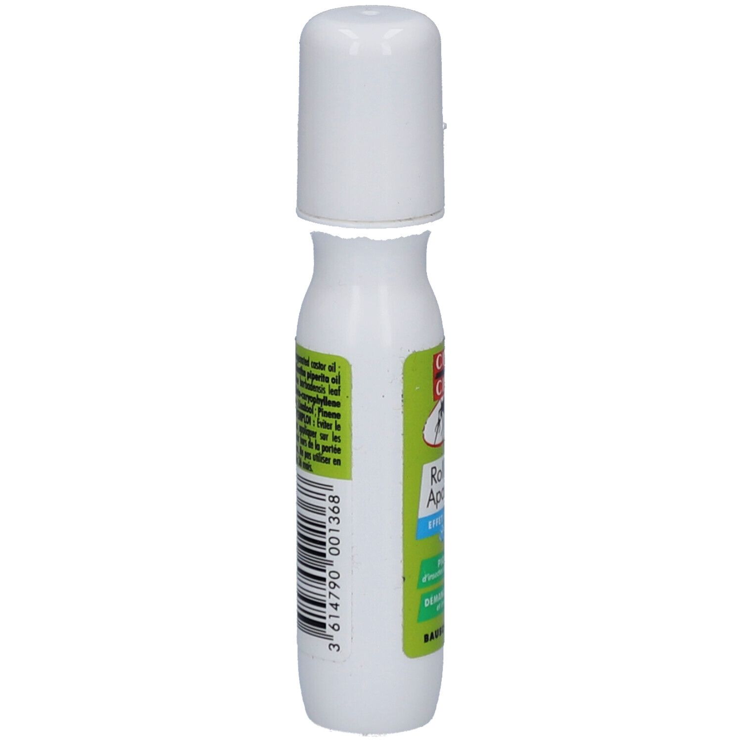 Roll-on blanc avec bouchon blanc. Code-barres et texte sur étiquette verte. 15 ml.