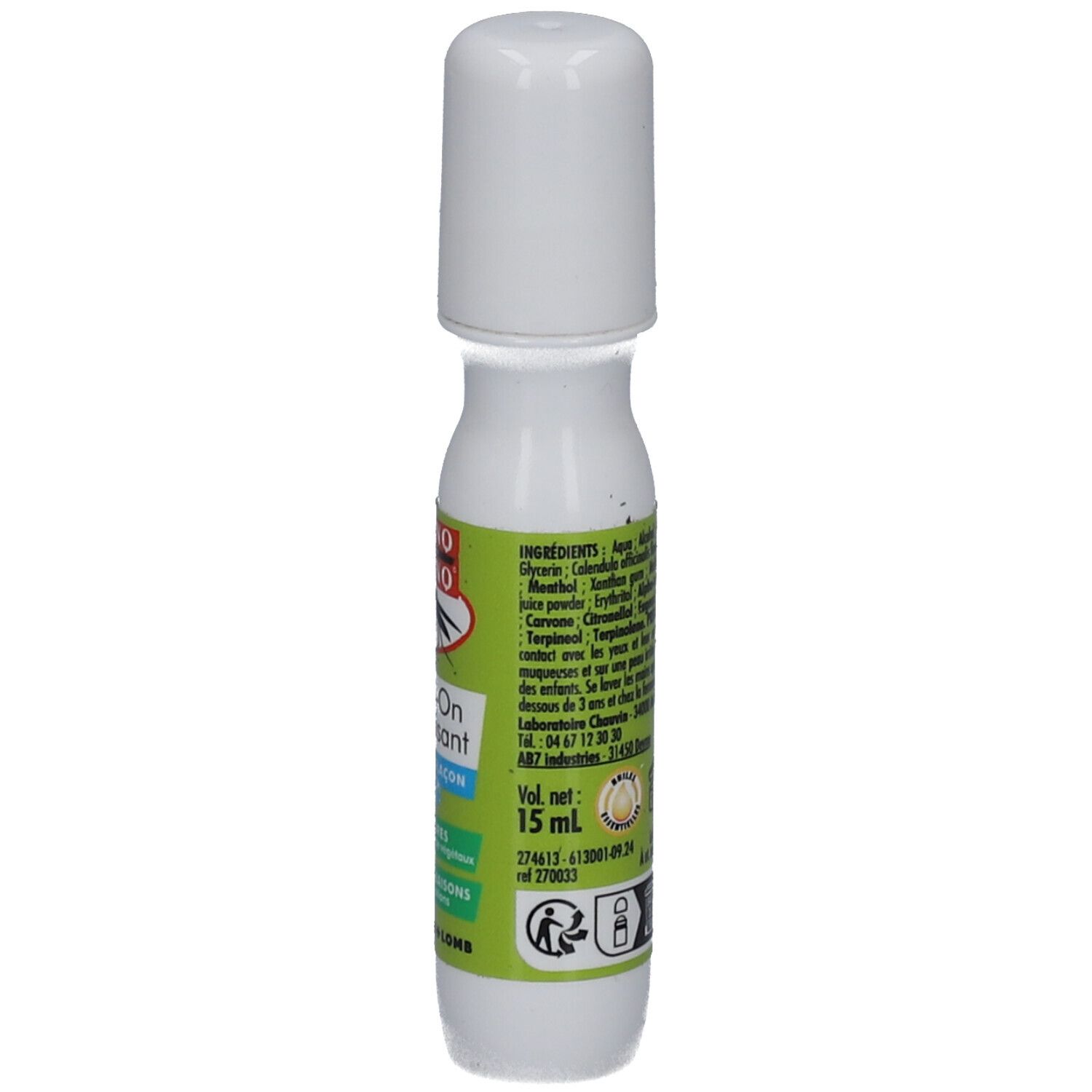 Roll-on blanc avec bouchon blanc. Étiquettes vertes et bleues avec texte. 15 ml.