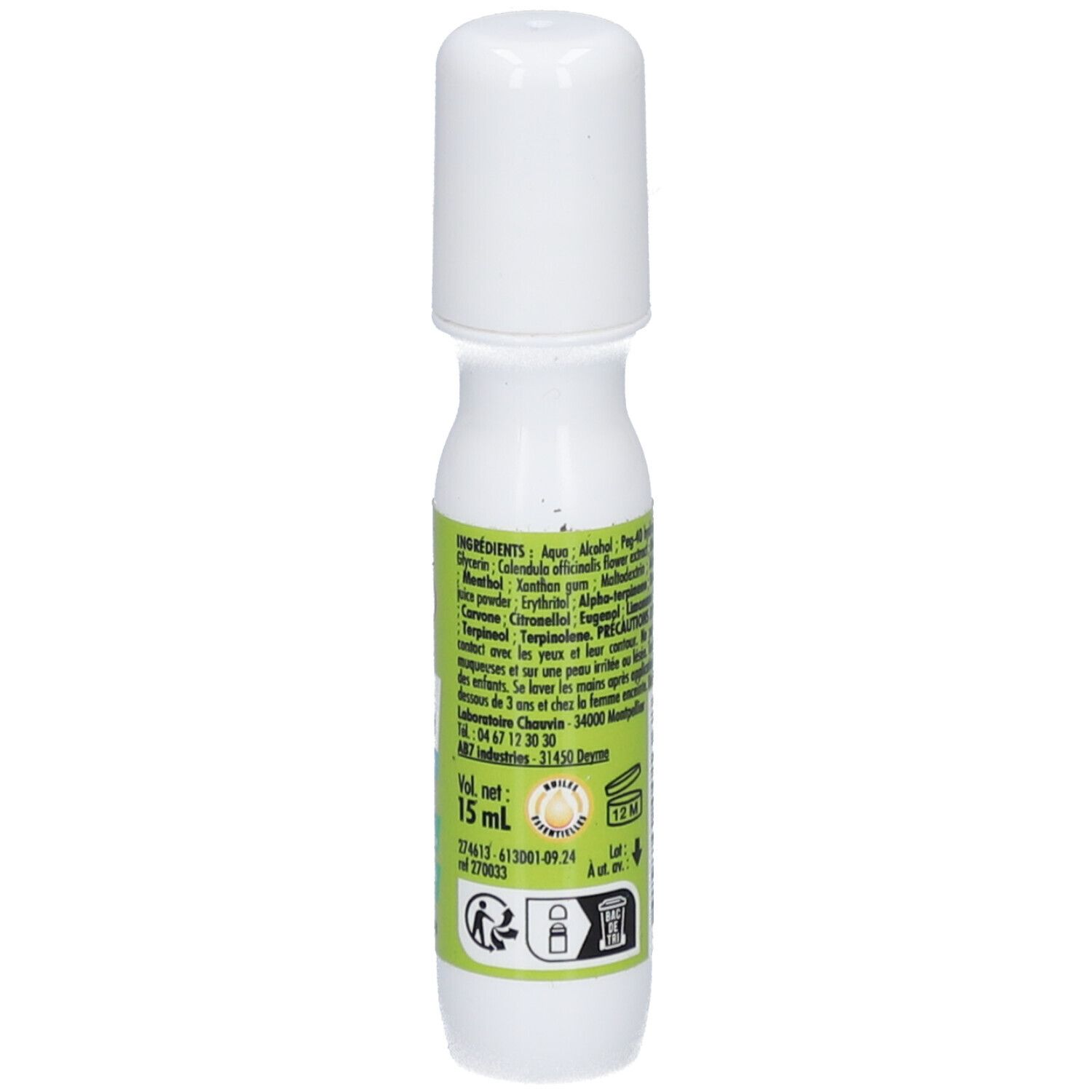 Roll-on blanc avec bouchon blanc. Étiquettes vertes avec texte. 15 ml.