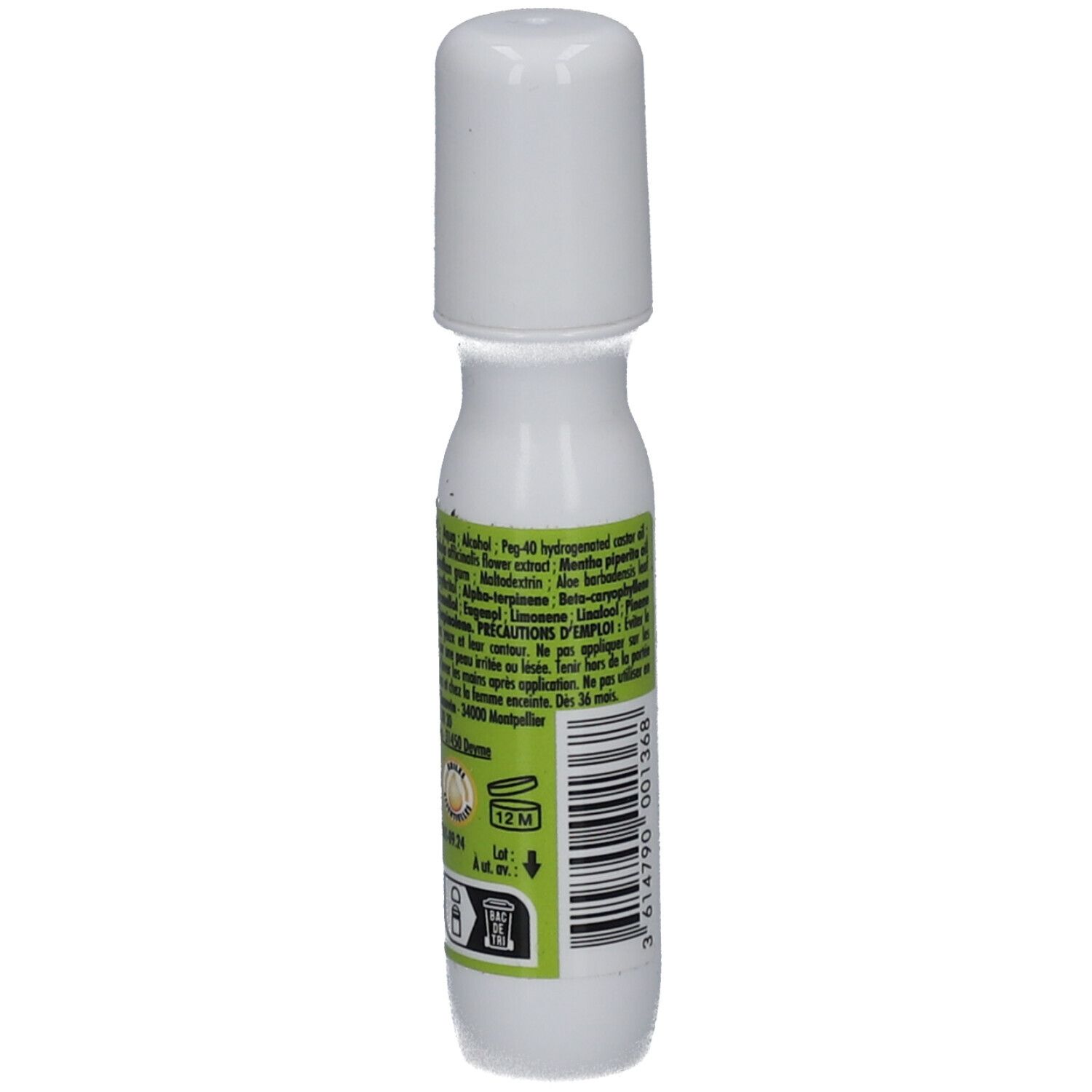 Roll-on blanc avec bouchon blanc. Étiquettes vertes avec texte. 15 ml.
