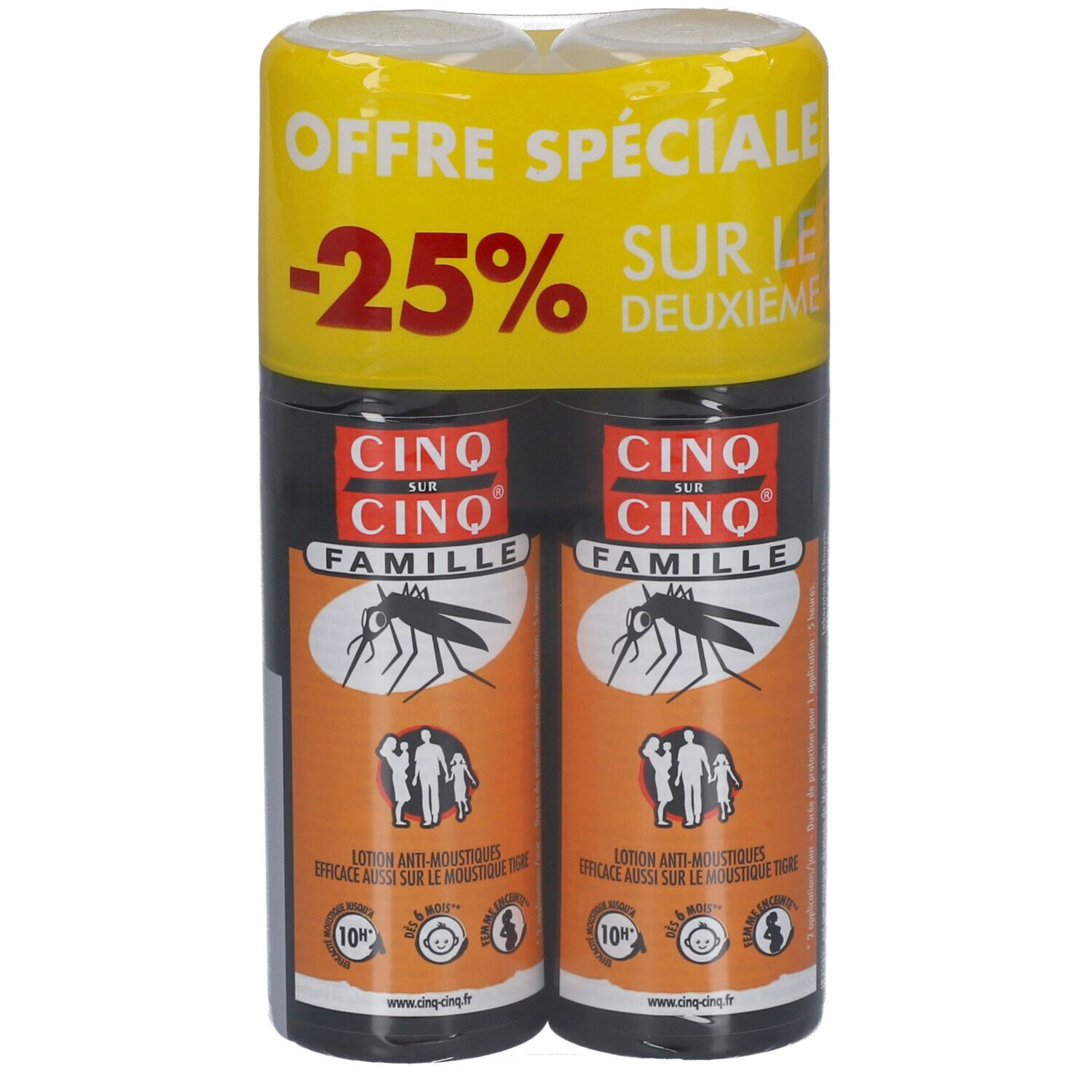 Deux sprays emballés. Flacons noirs avec étiquettes oranges. Inscription : CINQ SUR CINQ FAMILLE. Emballage jaune avec -25% de réduction.