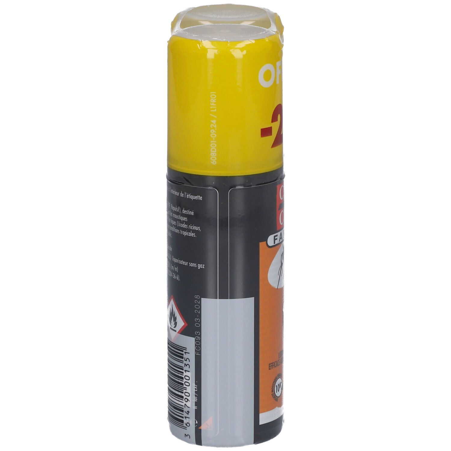 Flacon de spray, vue latérale. Flacon noir avec étiquette orange. Inscription : CINQ SUR CINQ FAMILLE. Bouchon et emballage jaunes.