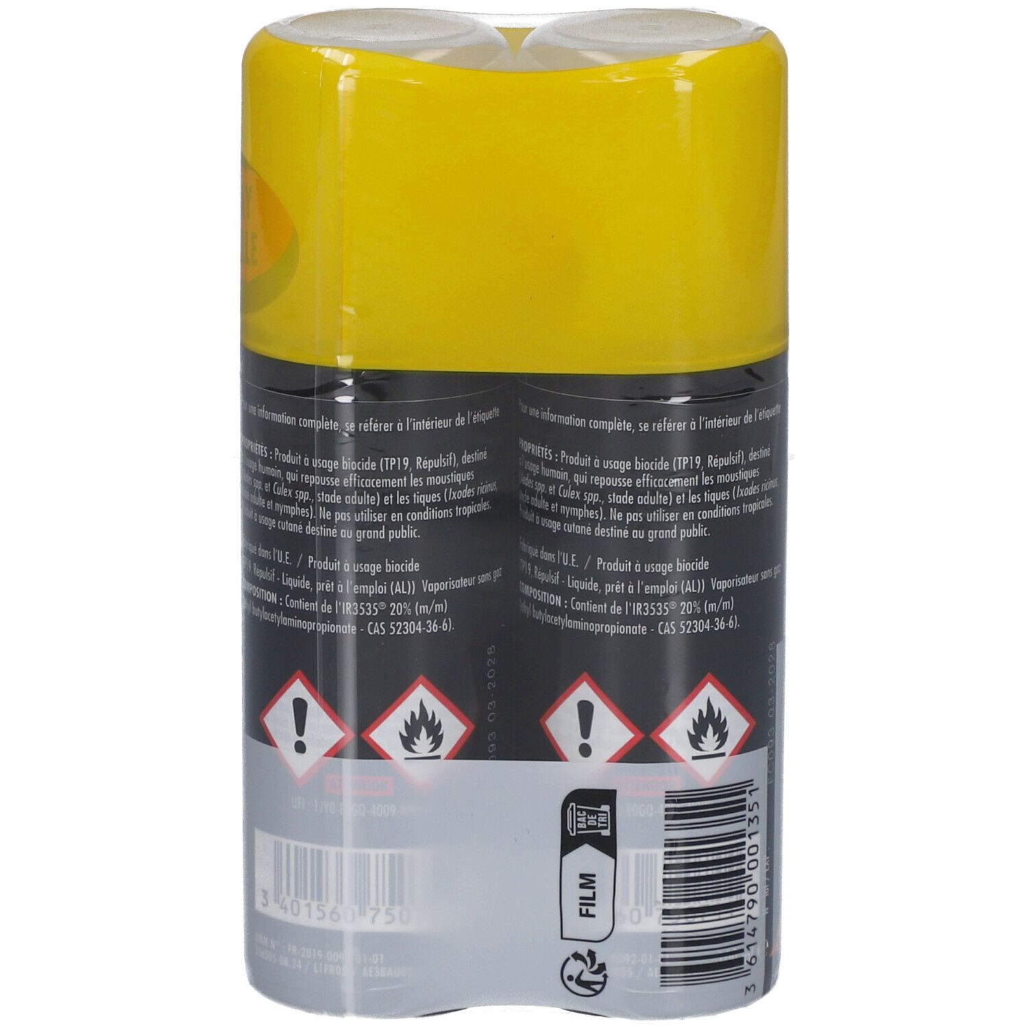Deux sprays emballés sous film. Flacons noirs avec étiquettes oranges. Emballage jaune. Symboles d'avertissement et code-barres.