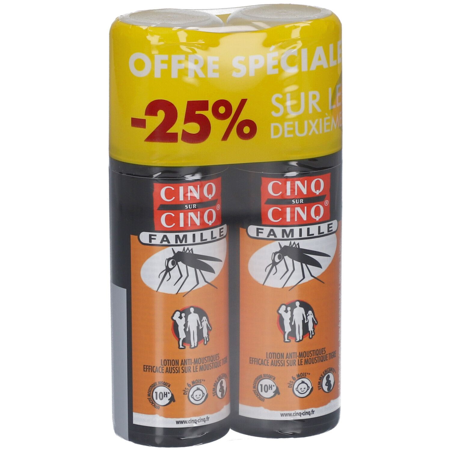 Deux sprays emballés. Flacons noirs avec étiquettes oranges. Inscription : CINQ SUR CINQ FAMILLE. Emballage jaune avec -25% de réduction.